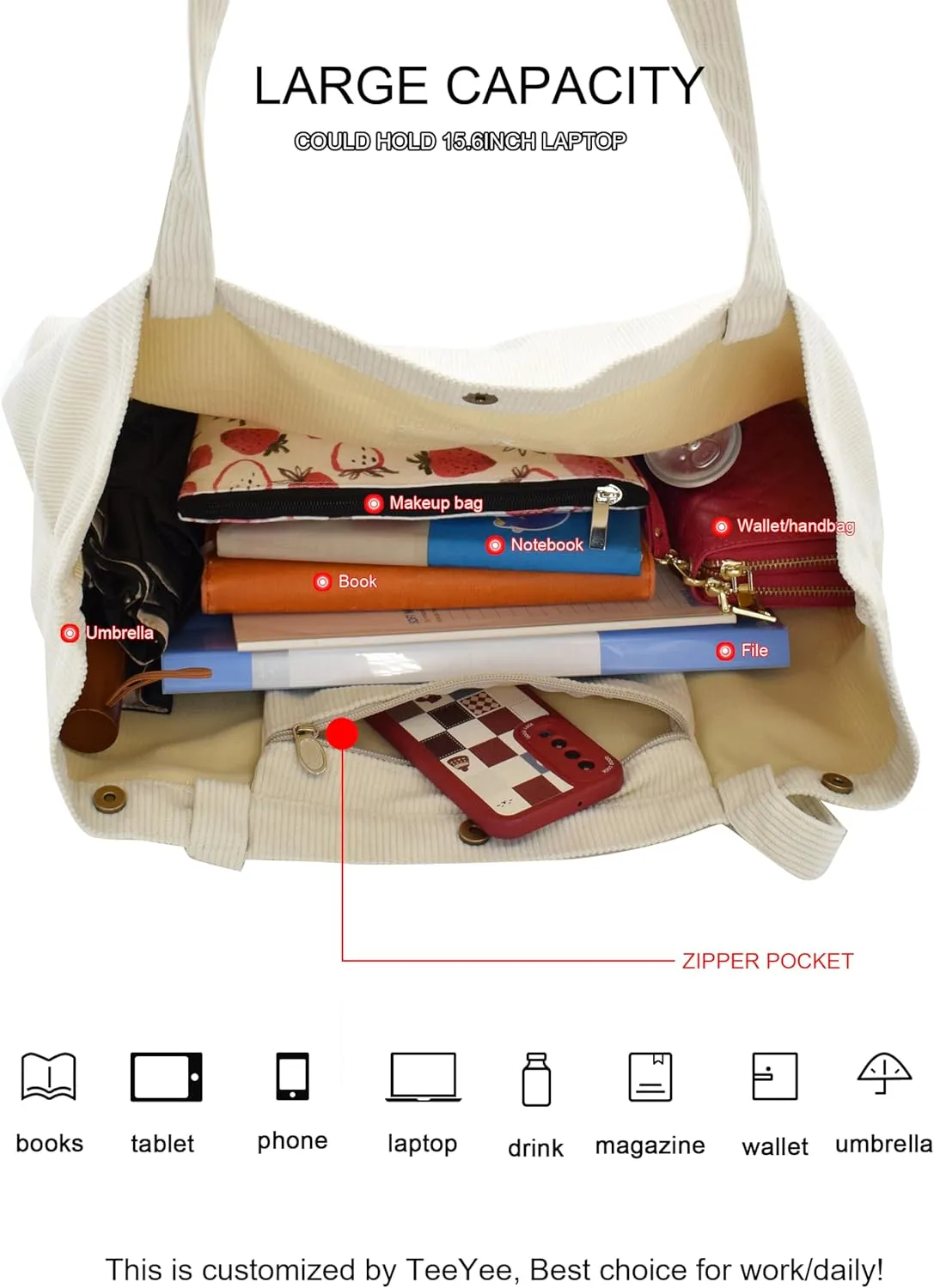 TeeYee Women's Corduroy Tote Bag Large Capacity Shoulder Bag Handbag Leisure Shopping Bag with 3 Snaps