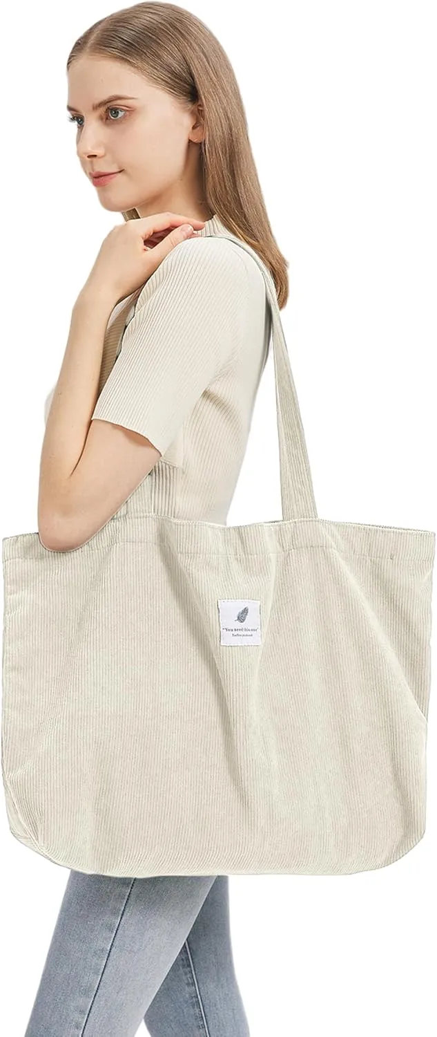 TeeYee Women's Corduroy Tote Bag Large Capacity Shoulder Bag Handbag Leisure Shopping Bag with 3 Snaps