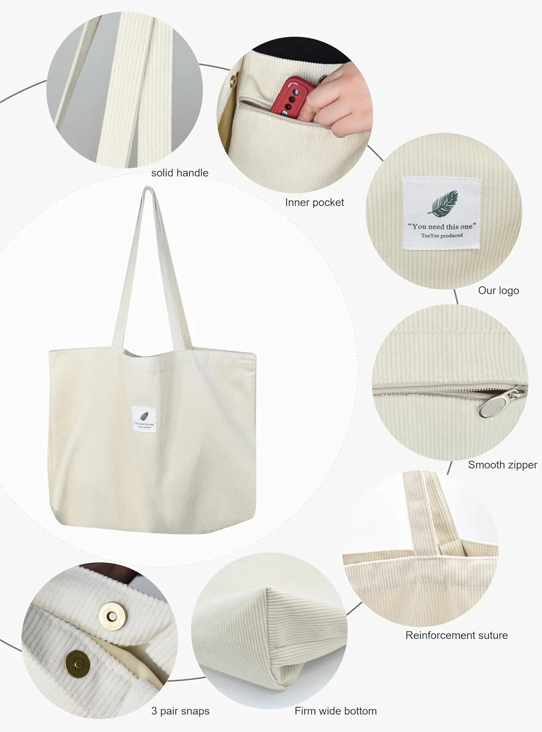TeeYee Women's Corduroy Tote Bag Large Capacity Shoulder Bag Handbag Leisure Shopping Bag with 3 Snaps