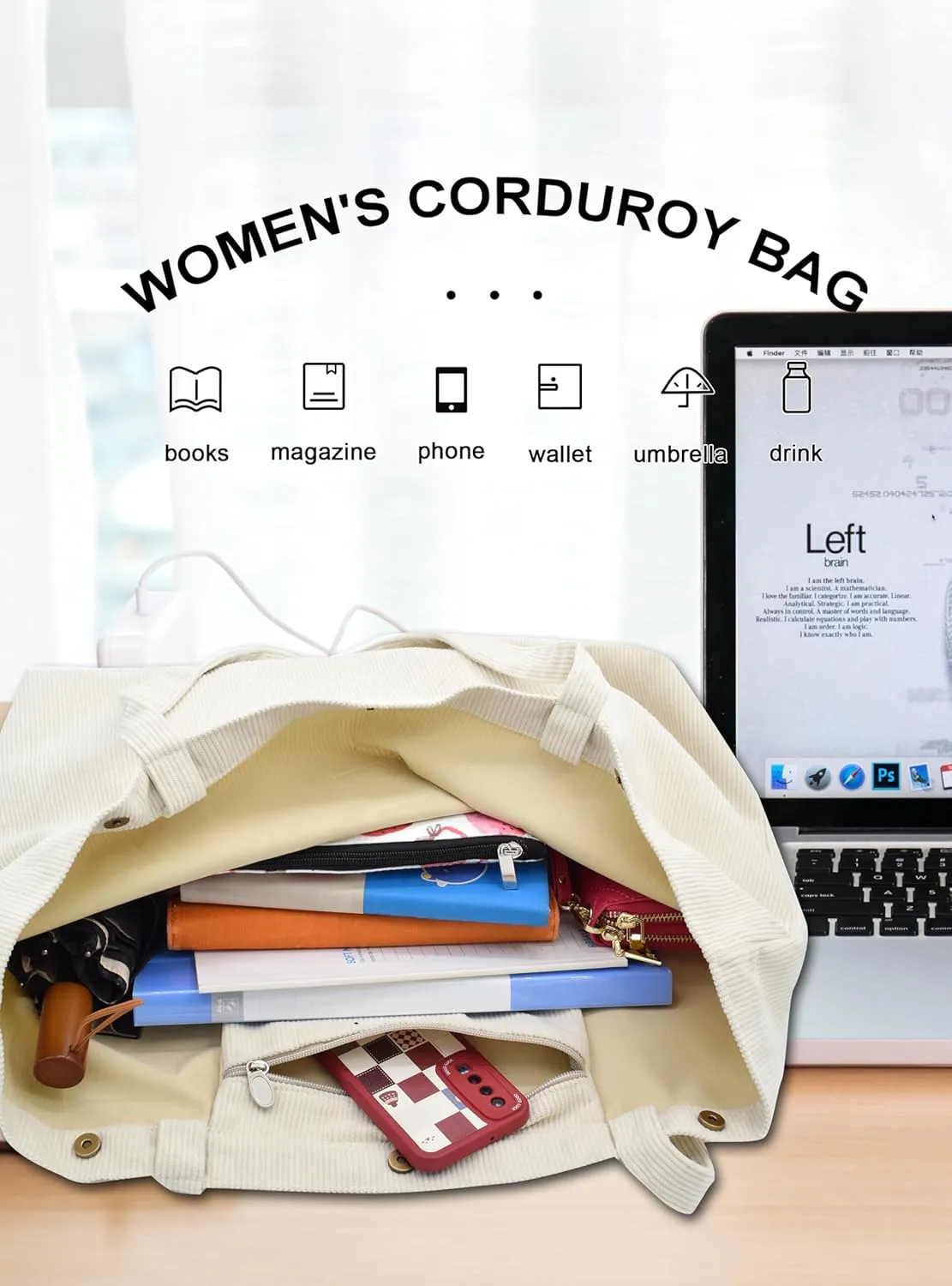 TeeYee Women's Corduroy Tote Bag Large Capacity Shoulder Bag Handbag Leisure Shopping Bag with 3 Snaps
