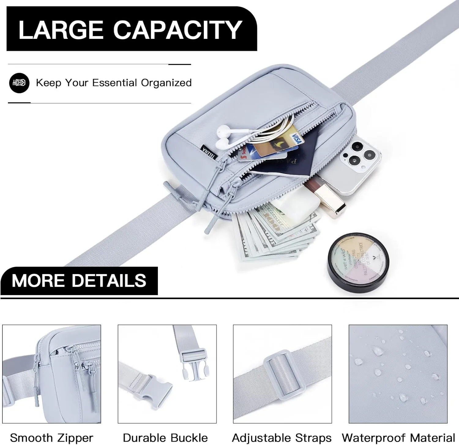 Telena Belt Bag for Women Fanny Pack Cross Body Bag Fashion Waist Pack with Adjustable Strap Light Grey