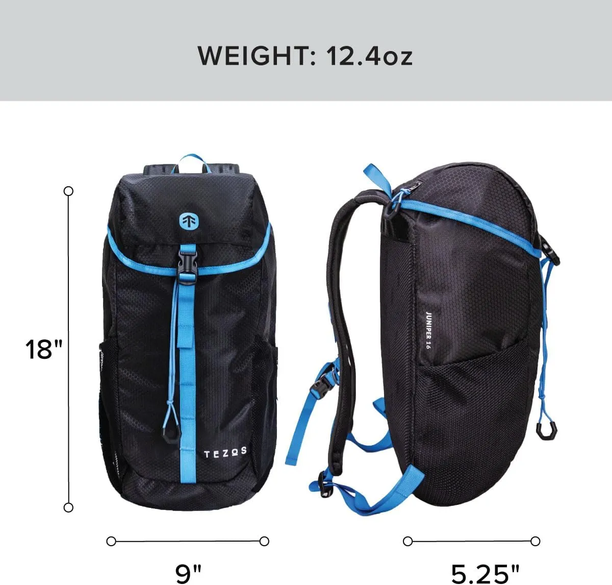 Tezos Juniper Daypack, Lightweight Hiking Backpack and Hydration Pack for Camping, Travel, Biking, and the Outdoors, 16 Liter (Blue Storm)