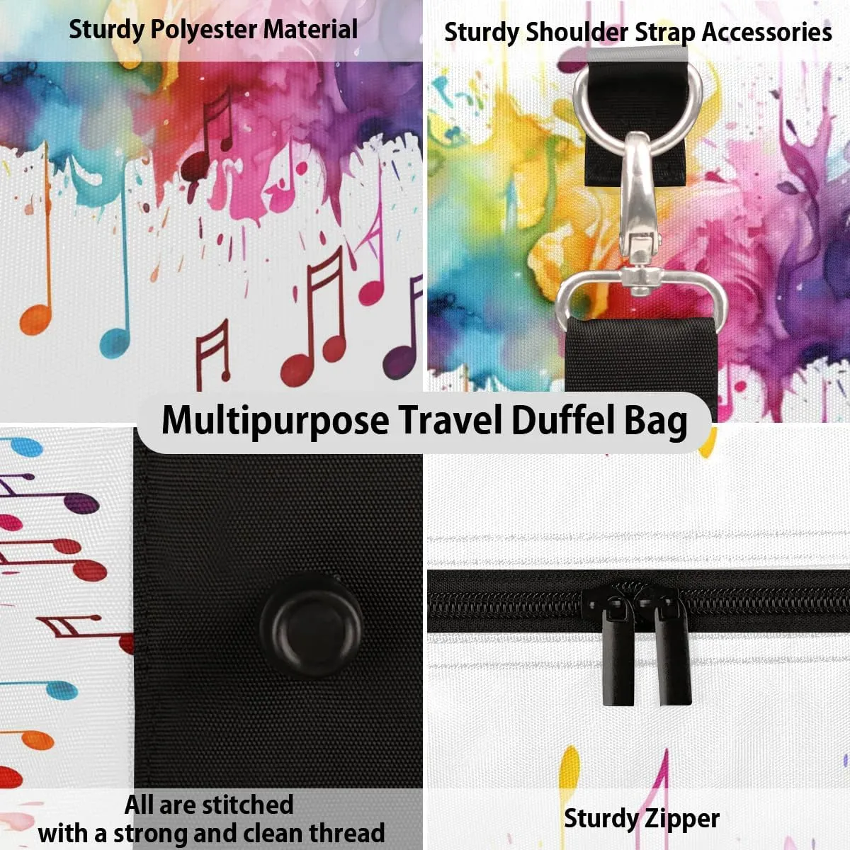 Tie Dye Music Note Print Travel Duffel Bag for Women Men Waterproof Foldable Overnight Weekender Bag Large Capacity Sports Gym Bag