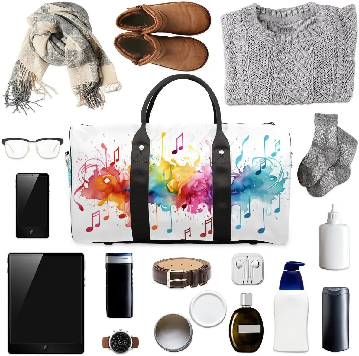 Tie Dye Music Note Print Travel Duffel Bag for Women Men Waterproof Foldable Overnight Weekender Bag Large Capacity Sports Gym Bag