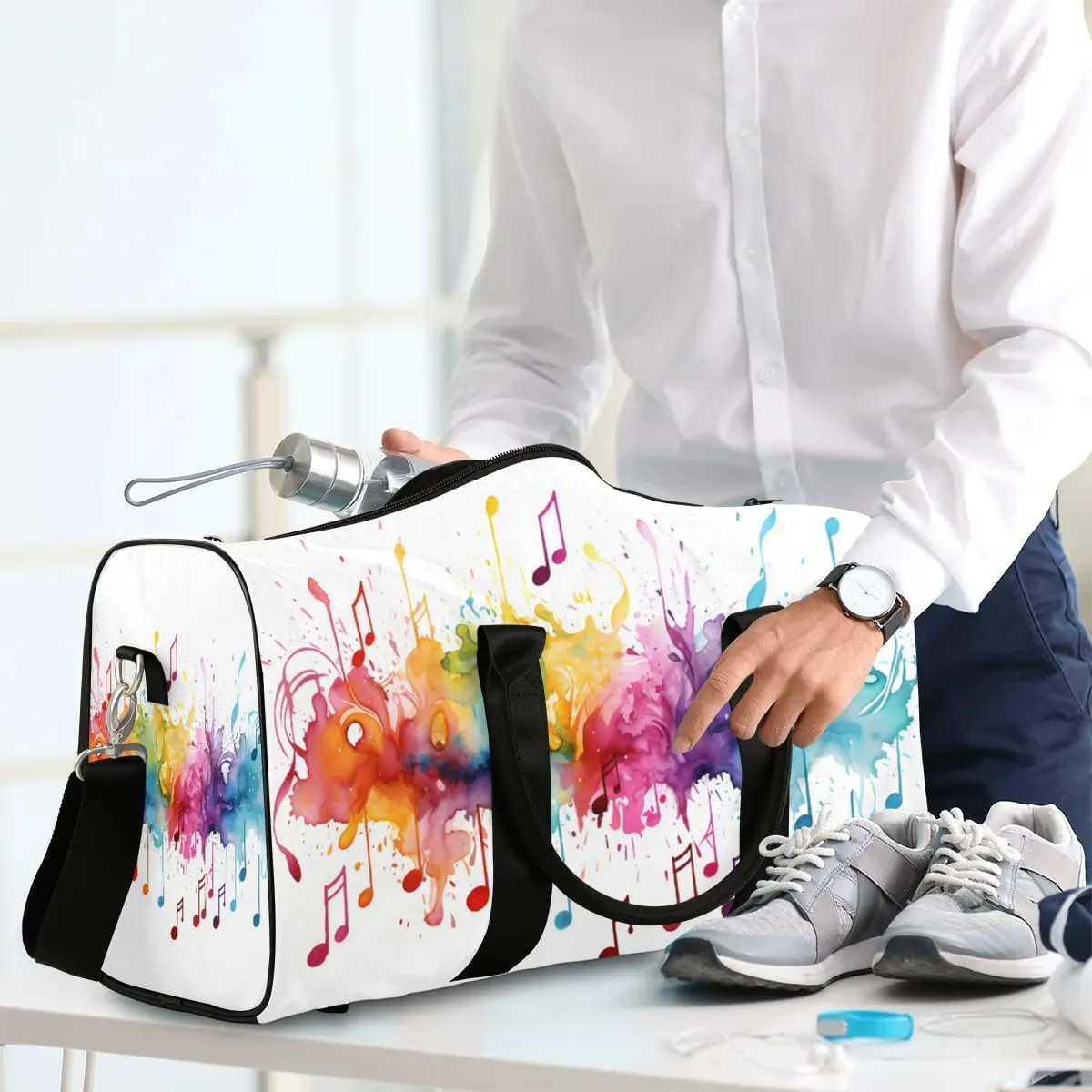 Tie Dye Music Note Print Travel Duffel Bag for Women Men Waterproof Foldable Overnight Weekender Bag Large Capacity Sports Gym Bag