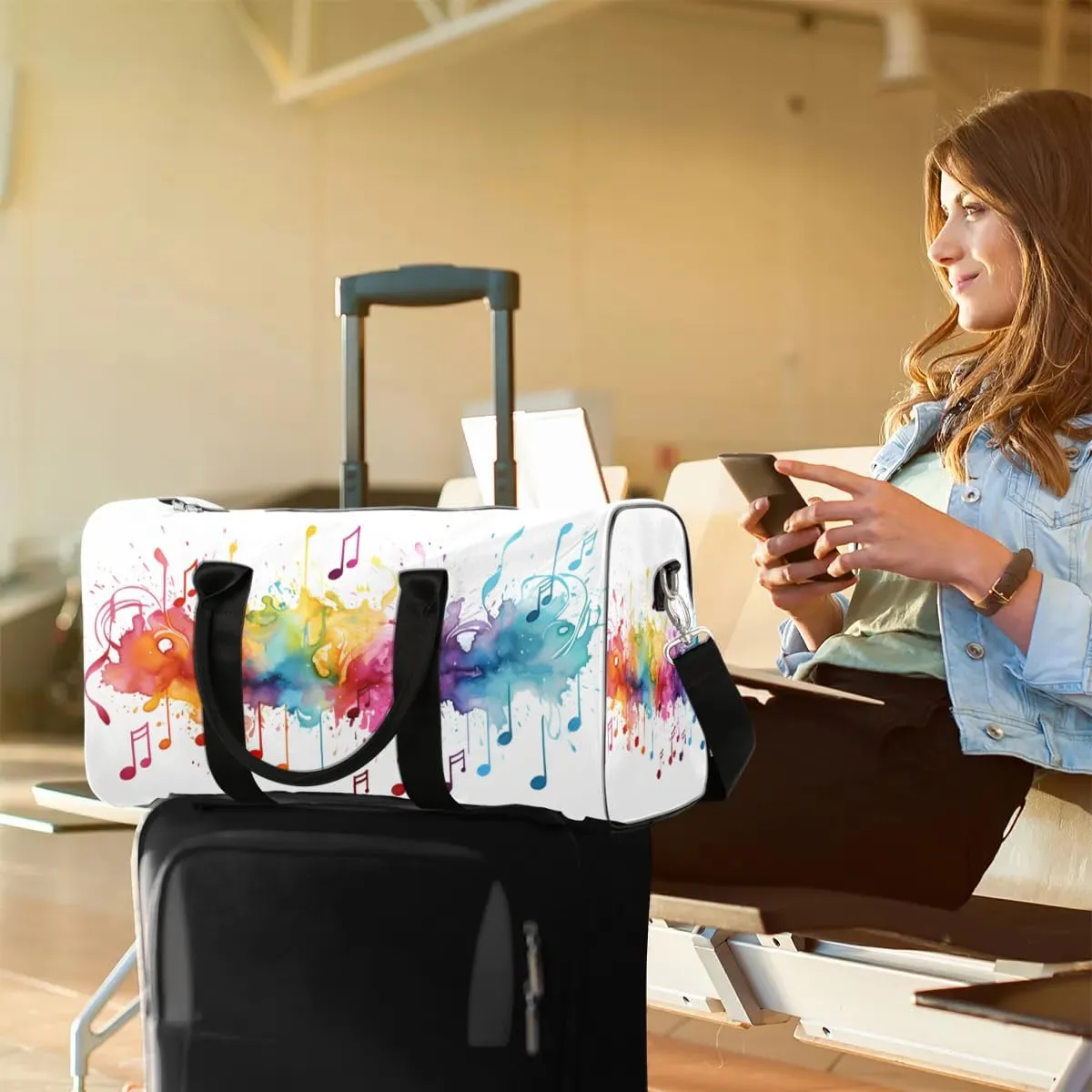 Tie Dye Music Note Print Travel Duffel Bag for Women Men Waterproof Foldable Overnight Weekender Bag Large Capacity Sports Gym Bag