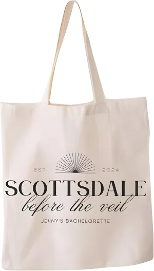Tints&tots Personalized Party Tote Bag, Scottsdale Before the Veil Design, White Canvas, Custom Name