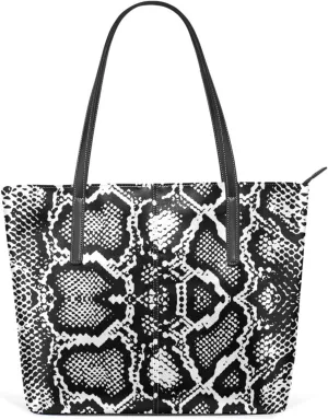 Top Handle Bag for Women Snake Skin Black White Vegan Leather Lady Purse Shoulder Bag Travel Satchel Gym Beach Tote with Zipper Weekender Handbag