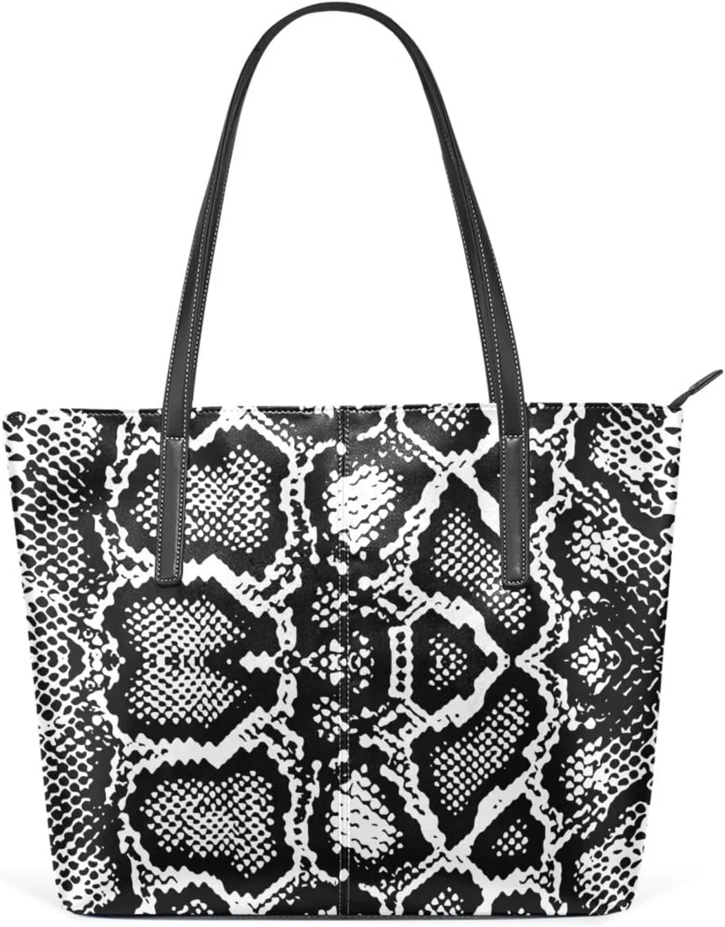 Top Handle Bag for Women Snake Skin Black White Vegan Leather Lady Purse Shoulder Bag Travel Satchel Gym Beach Tote with Zipper Weekender Handbag