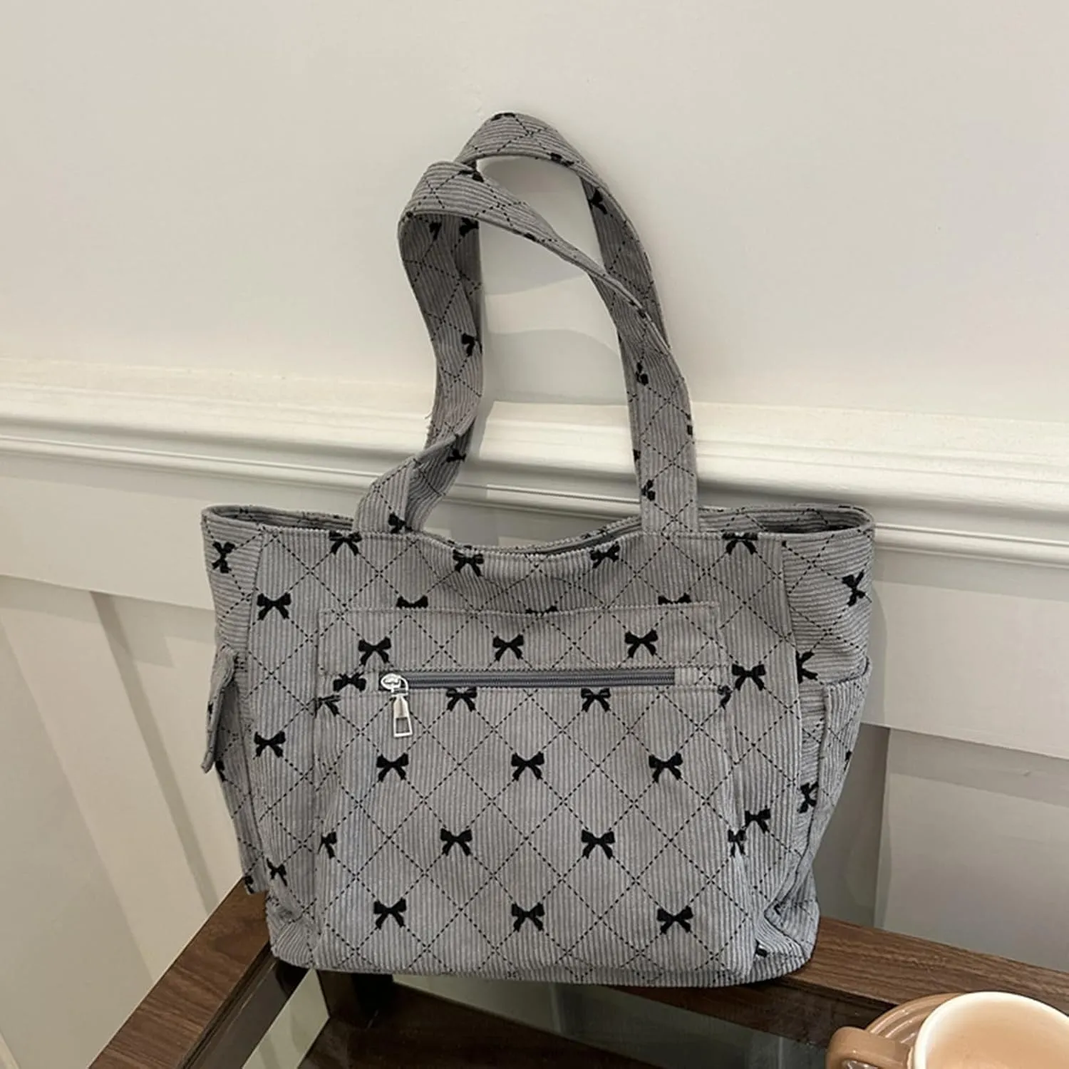 Tote Bag for Women Corduroy Handbag Large Capacity Travel Shoulder Purse Pink Cute Strawberries Canvas Bag