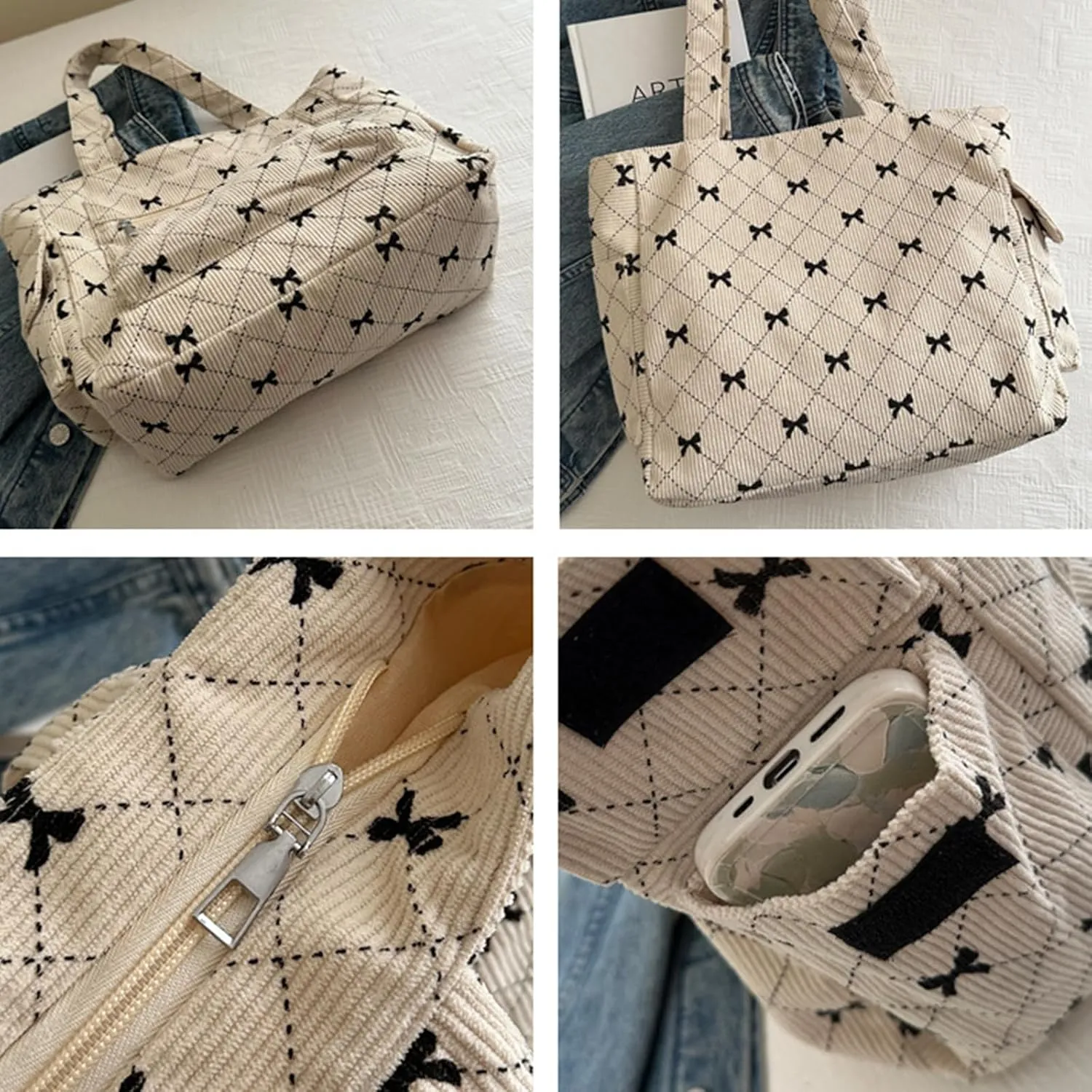 Tote Bag for Women Corduroy Handbag Large Capacity Travel Shoulder Purse Pink Cute Strawberries Canvas Bag