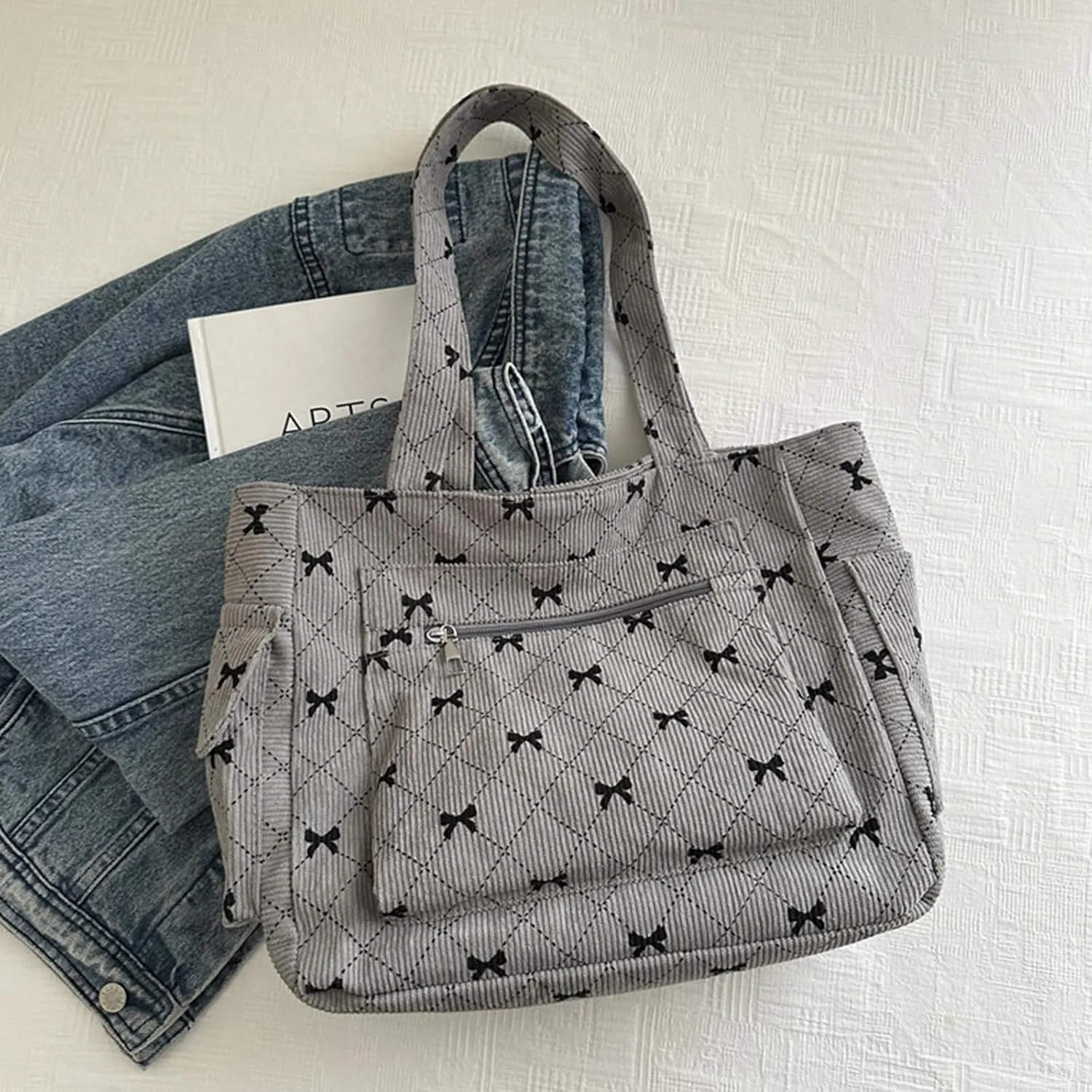 Tote Bag for Women Corduroy Handbag Large Capacity Travel Shoulder Purse Pink Cute Strawberries Canvas Bag