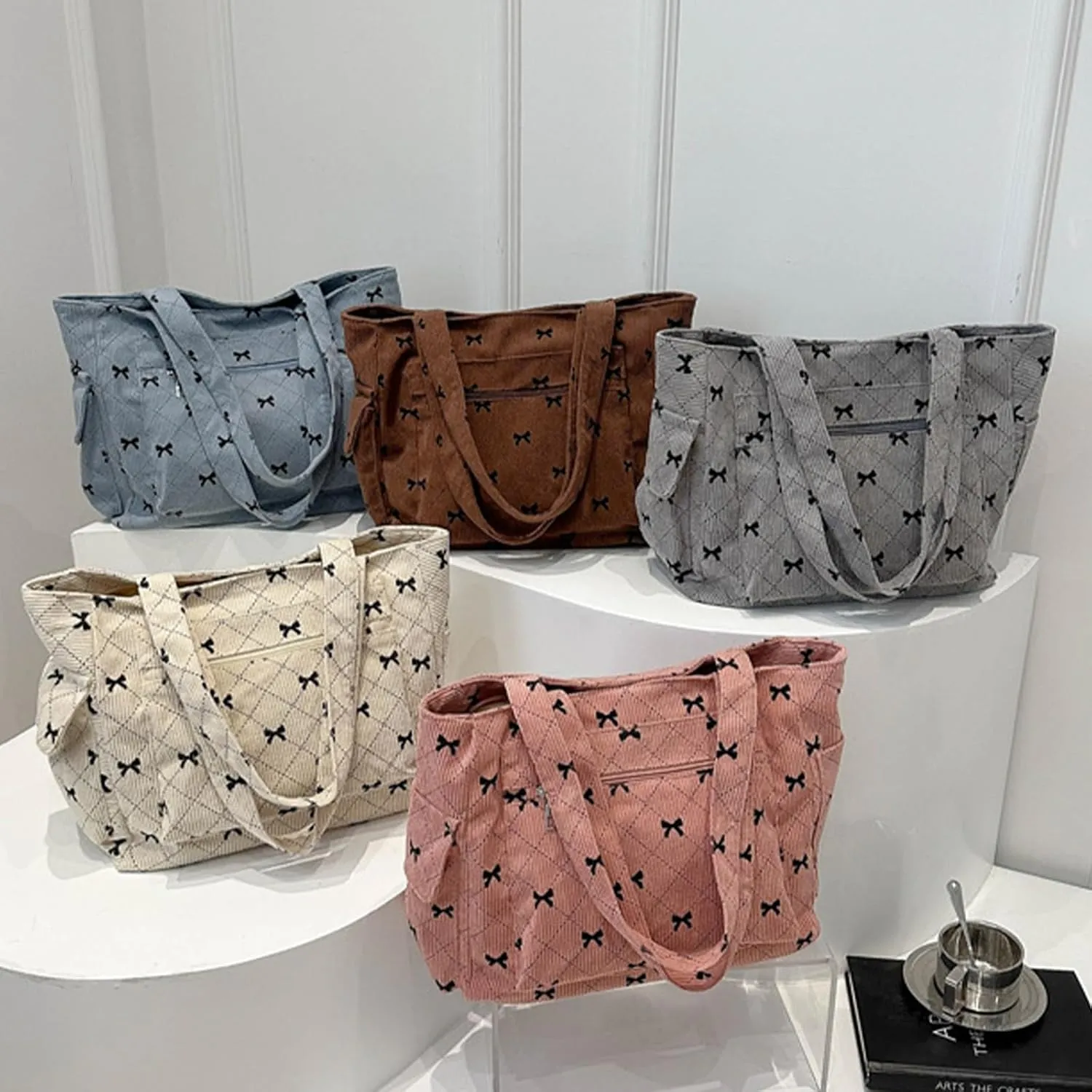 Tote Bag for Women Corduroy Handbag Large Capacity Travel Shoulder Purse Pink Cute Strawberries Canvas Bag