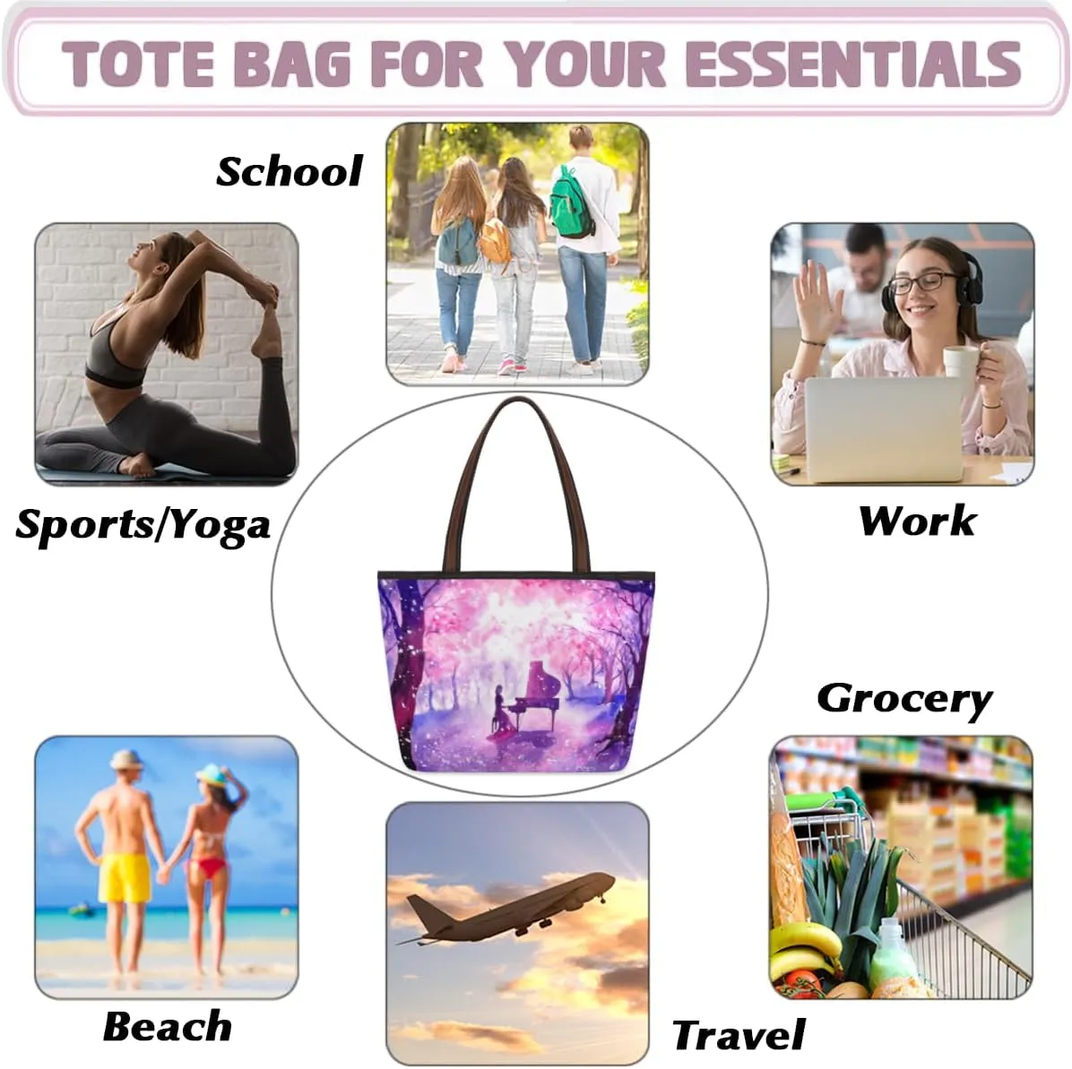 Tote Bag for Women with Zipper Large Capacity Top Handle Casual Shoulder Bag Handbag Reusable Shopping
