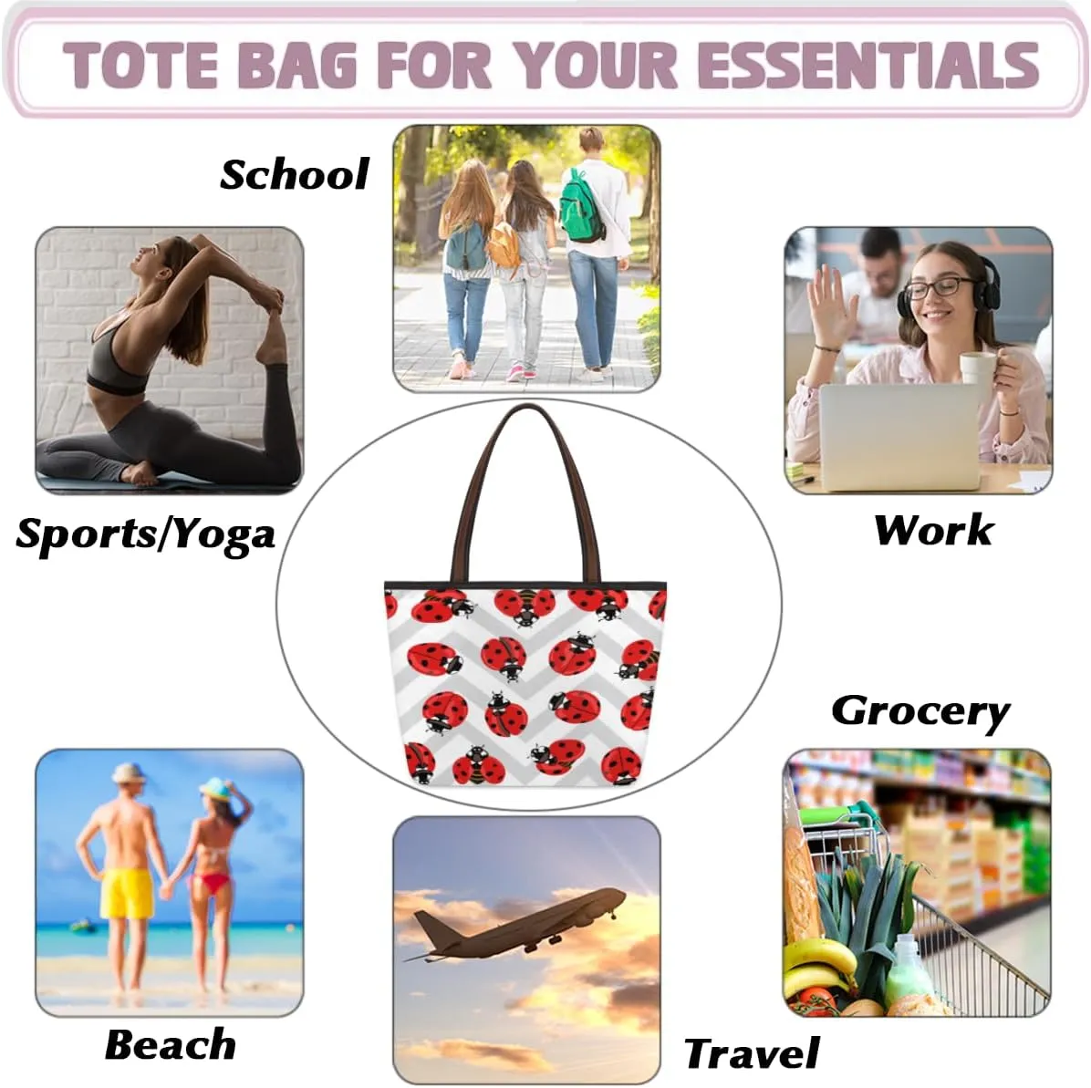 Tote Bag for Women with Zipper Large Capacity Top Handle Casual Shoulder Bag Handbag Reusable Shopping
