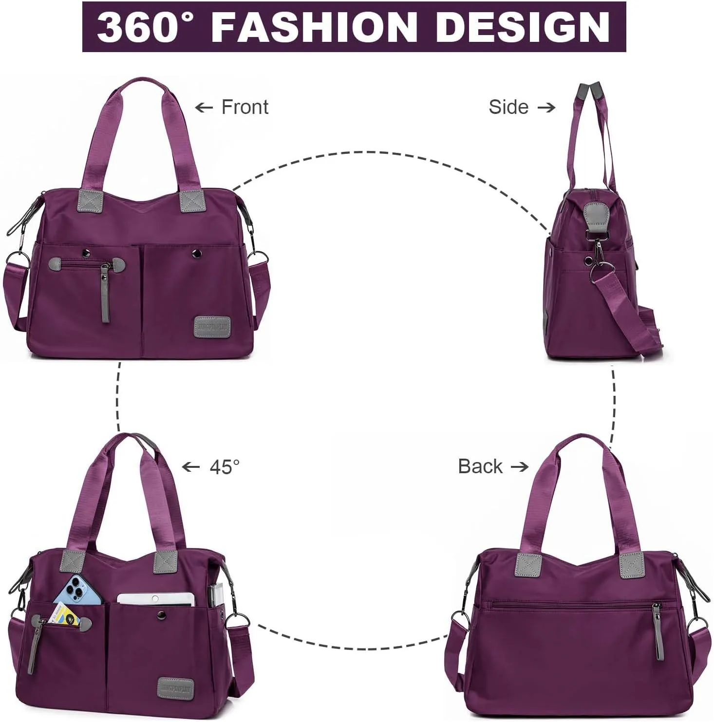 Tote Bag for Women,Multi Pockets Shoulder Handbag,Nurse Bag for Work,Large Cross body Purse,Fashion Nylon Top Handle Satchel