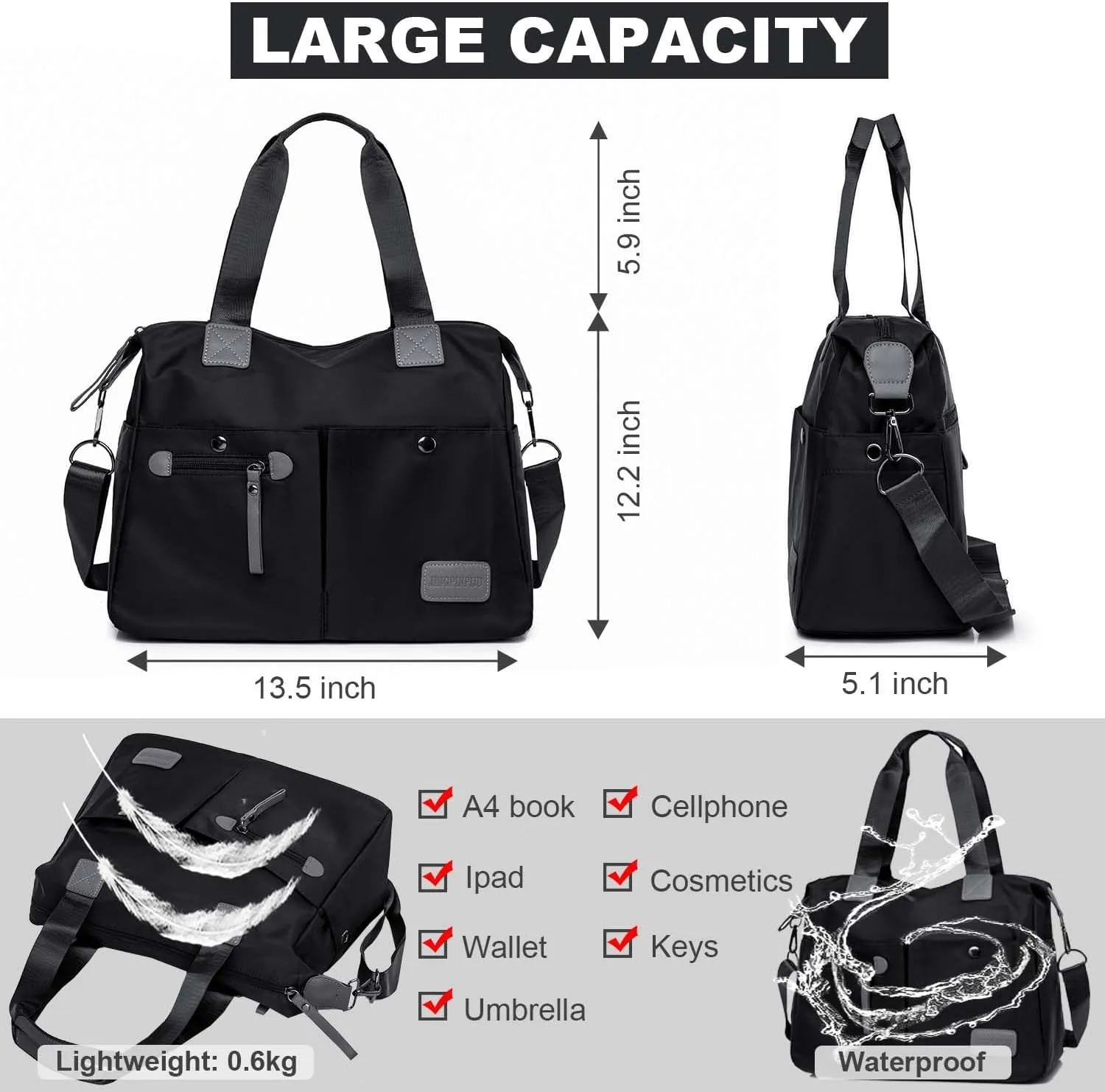 Tote Bag for Women,Multi Pockets Shoulder Handbag,Nurse Bag for Work,Large Cross body Purse,Fashion Nylon Top Handle Satchel