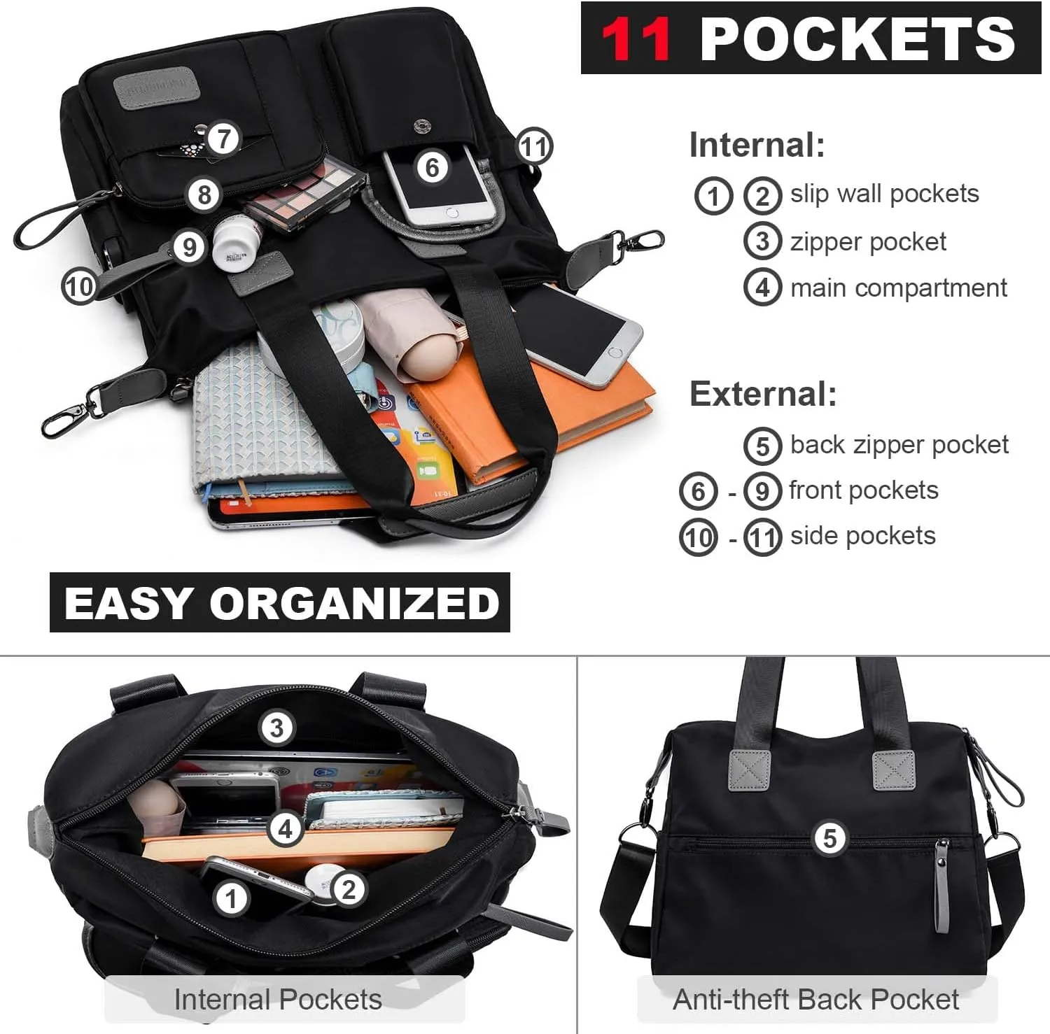 Tote Bag for Women,Multi Pockets Shoulder Handbag,Nurse Bag for Work,Large Cross body Purse,Fashion Nylon Top Handle Satchel