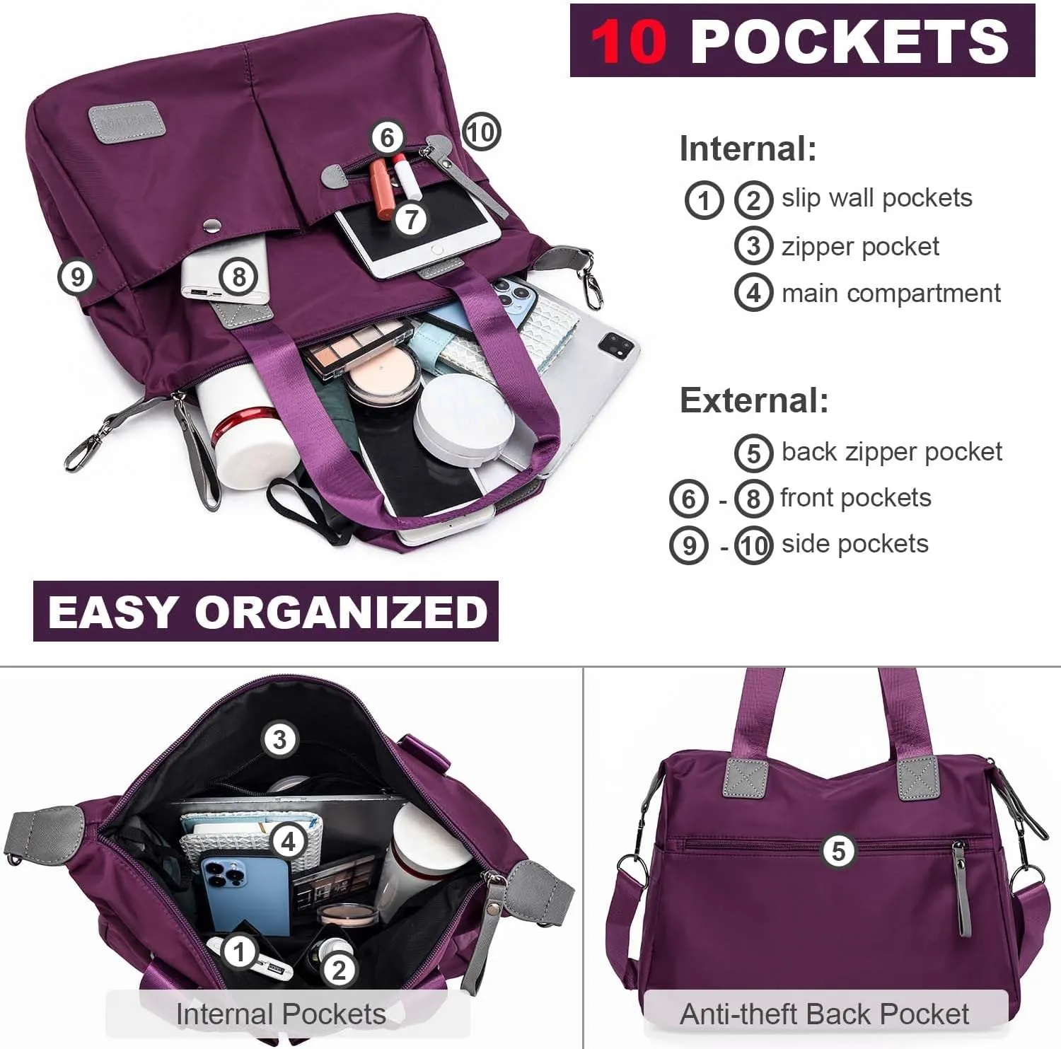 Tote Bag for Women,Multi Pockets Shoulder Handbag,Nurse Bag for Work,Large Cross body Purse,Fashion Nylon Top Handle Satchel