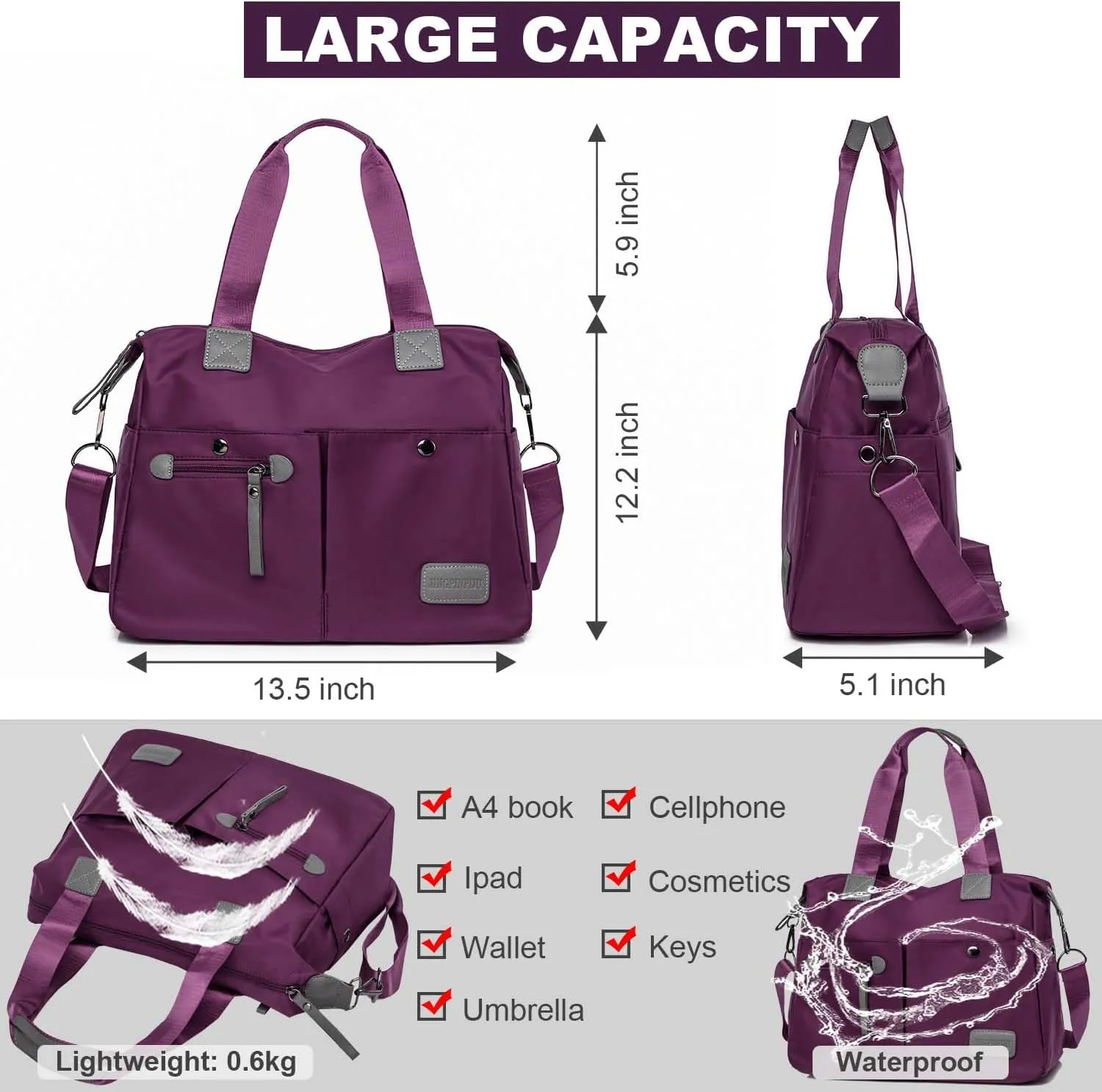 Tote Bag for Women,Multi Pockets Shoulder Handbag,Nurse Bag for Work,Large Cross body Purse,Fashion Nylon Top Handle Satchel