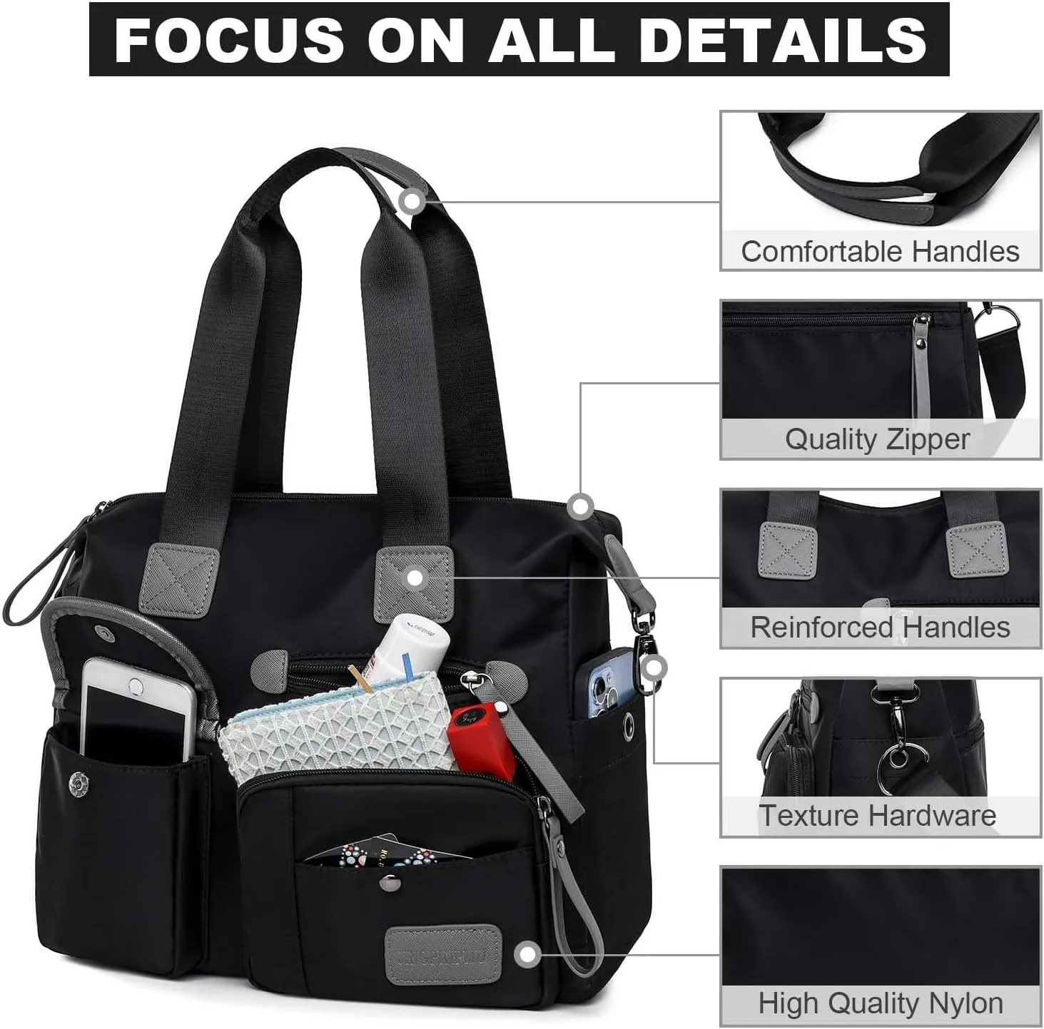 Tote Bag for Women,Multi Pockets Shoulder Handbag,Nurse Bag for Work,Large Cross body Purse,Fashion Nylon Top Handle Satchel