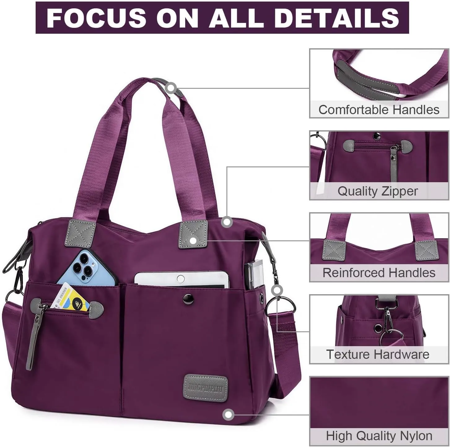 Tote Bag for Women,Multi Pockets Shoulder Handbag,Nurse Bag for Work,Large Cross body Purse,Fashion Nylon Top Handle Satchel