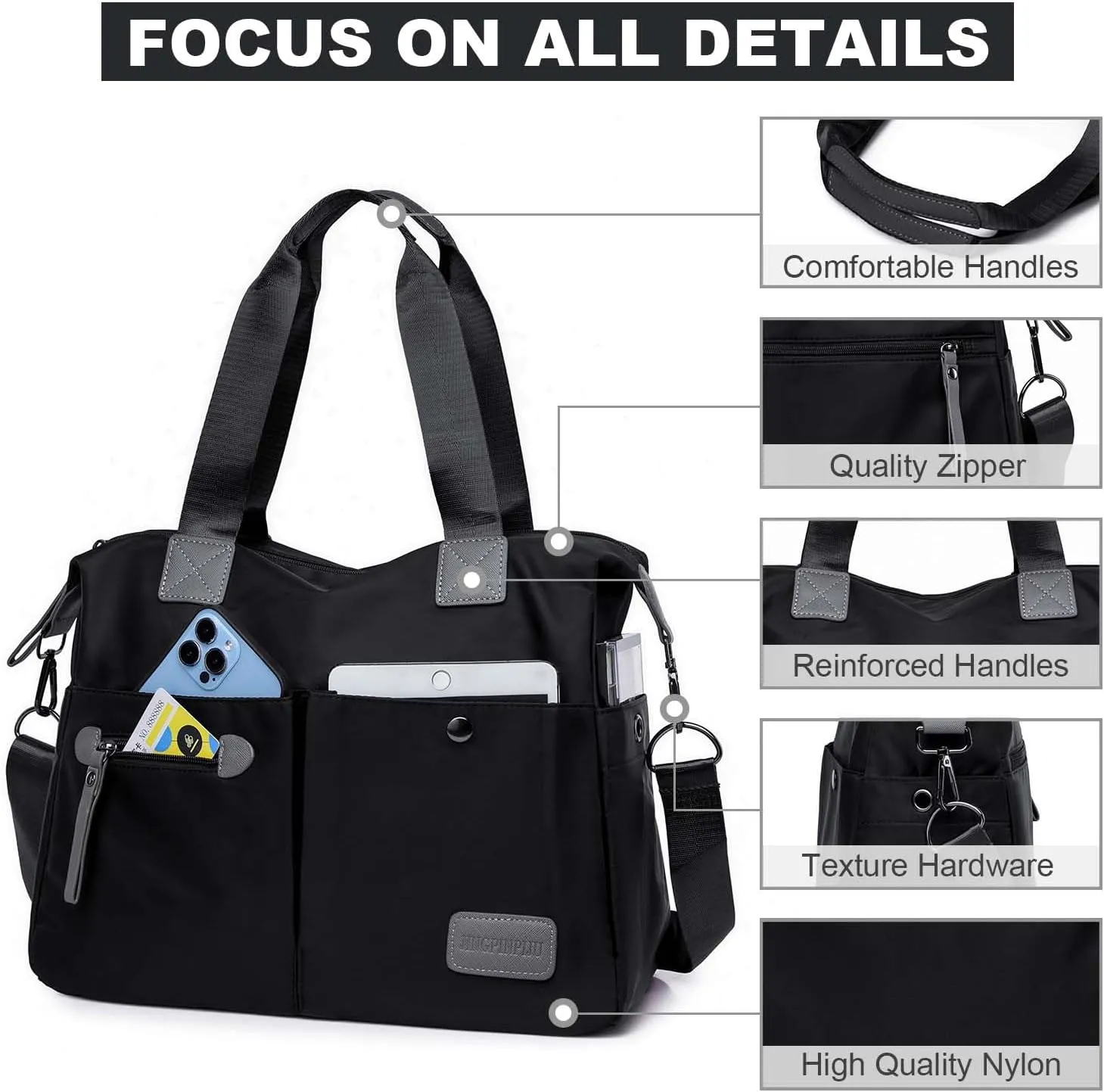 Tote Bag for Women,Multi Pockets Shoulder Handbag,Nurse Bag for Work,Large Cross body Purse,Fashion Nylon Top Handle Satchel