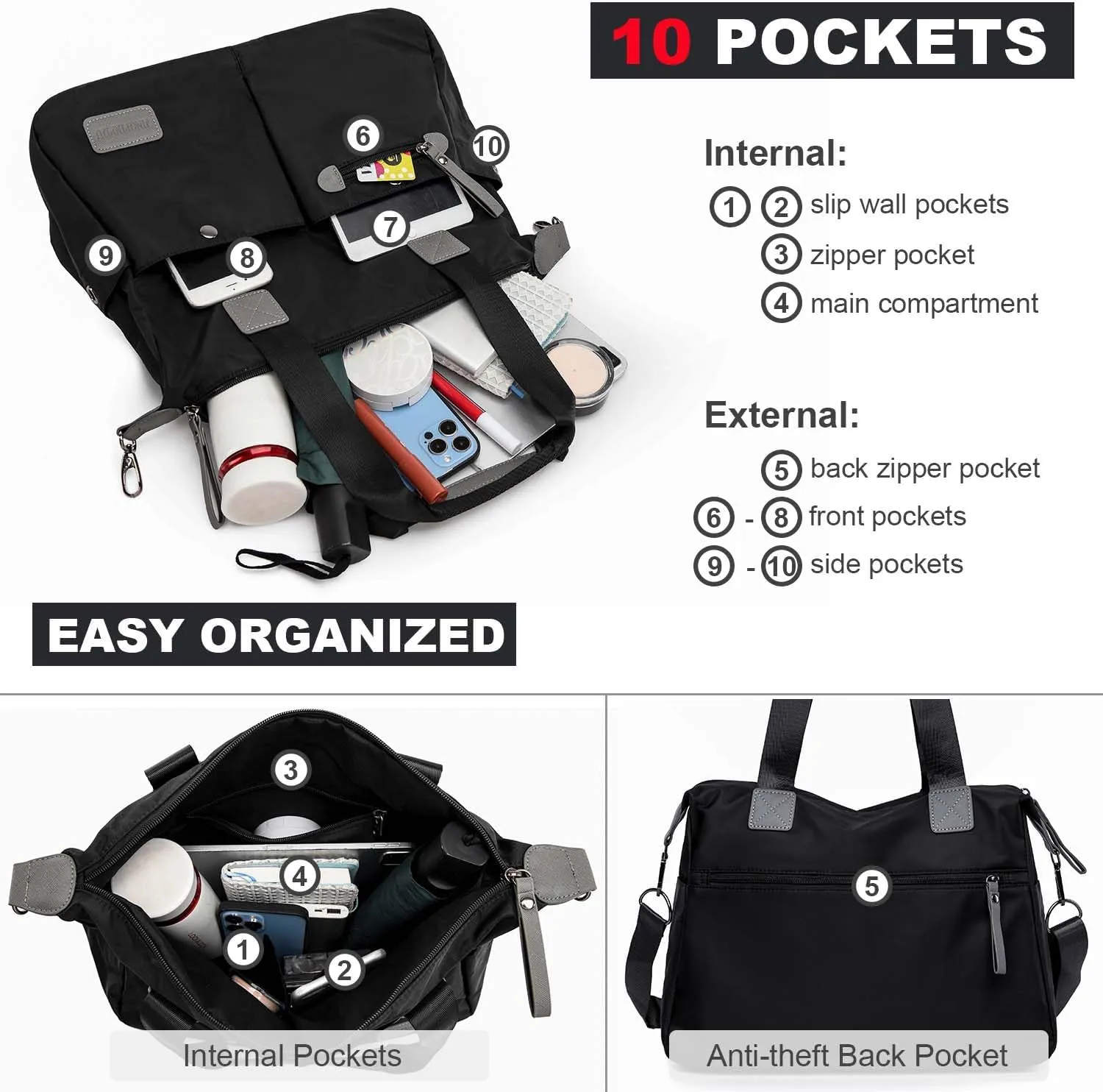 Tote Bag for Women,Multi Pockets Shoulder Handbag,Nurse Bag for Work,Large Cross body Purse,Fashion Nylon Top Handle Satchel