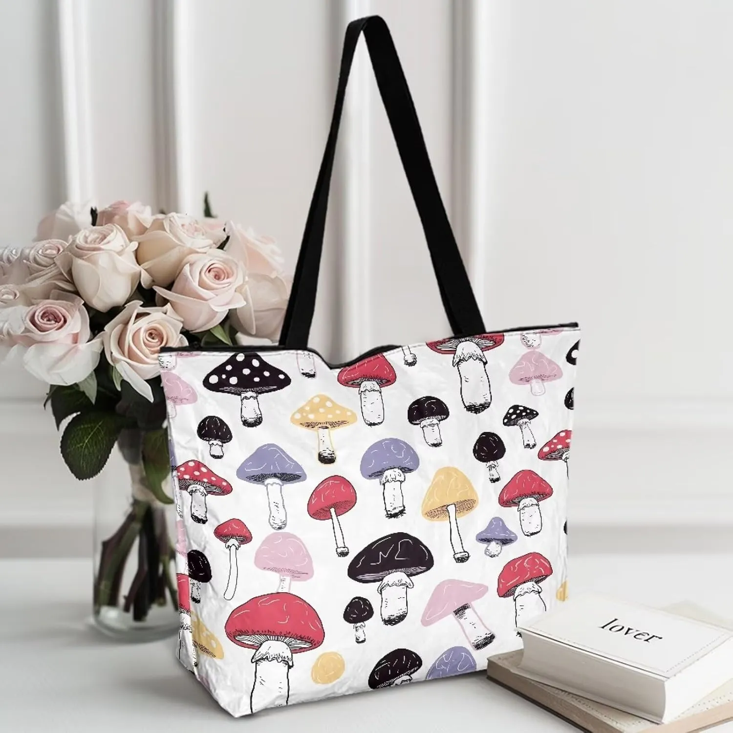 Tote Paper Bag USA Flag Shoulder Bag with Zippers, Jeans Pocket Puppy Large Shopping Beach Bags Handle Book Tote