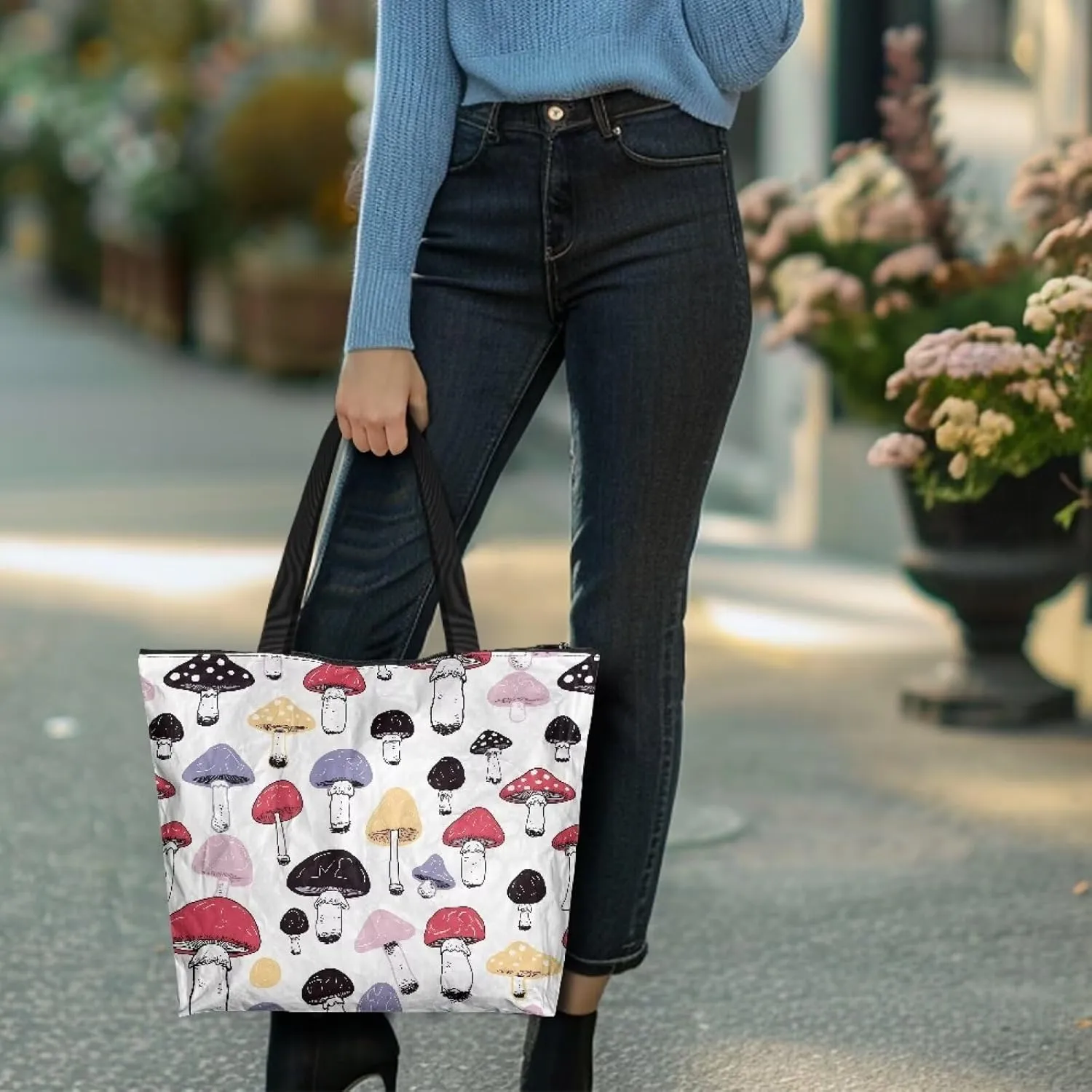 Tote Paper Bag USA Flag Shoulder Bag with Zippers, Jeans Pocket Puppy Large Shopping Beach Bags Handle Book Tote