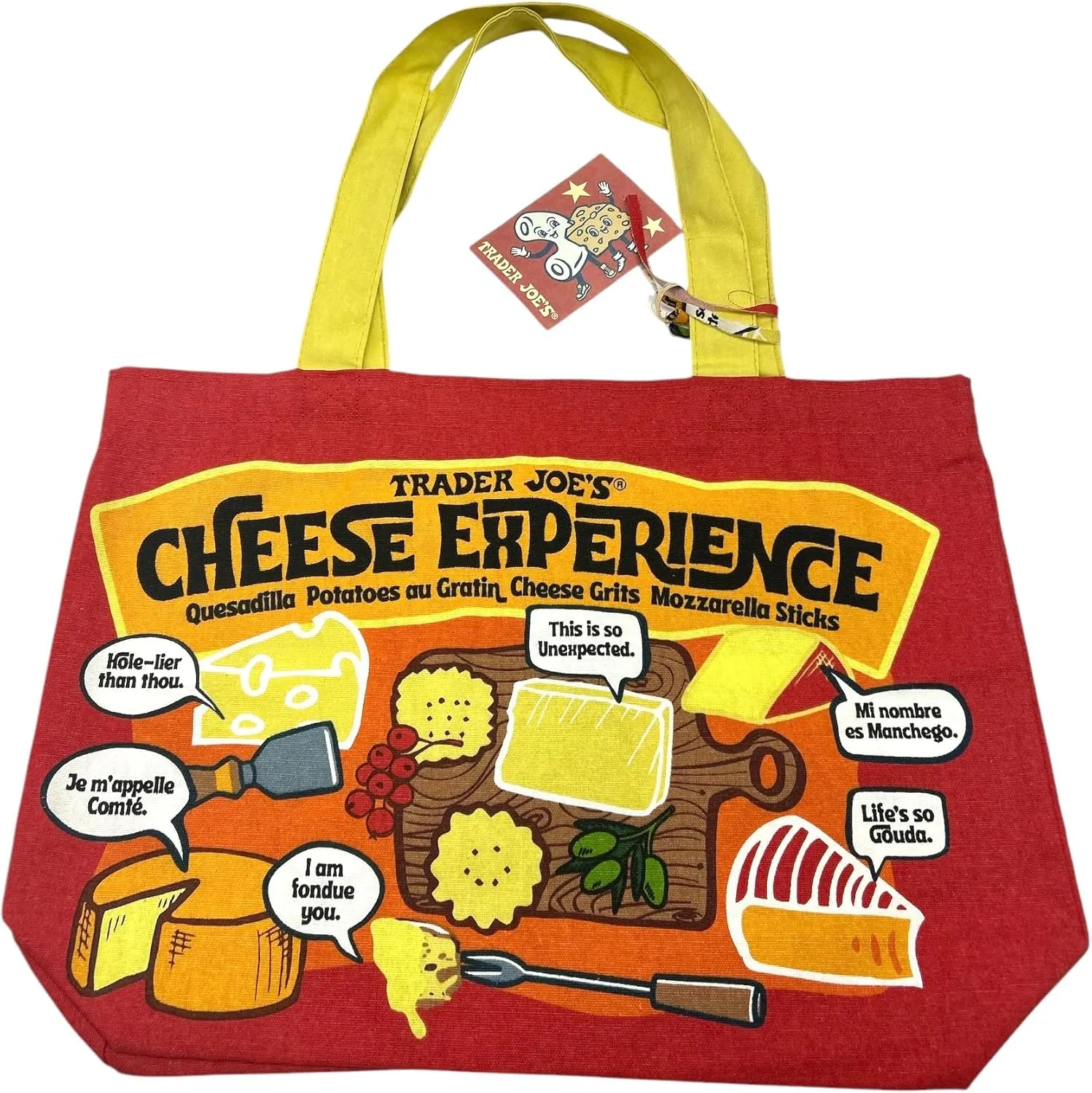 Trader Joe's Cheese Experience and Adventures Reusable Shopping Tote Bag, Red and Yellow, Double-Sided Design
