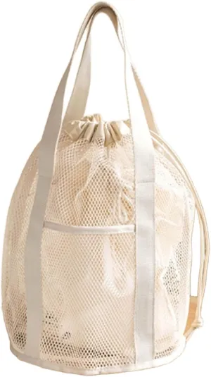 Travel storage mesh hollowed out tote bag with drawstring pockets and foldable ultra light beach wash bag