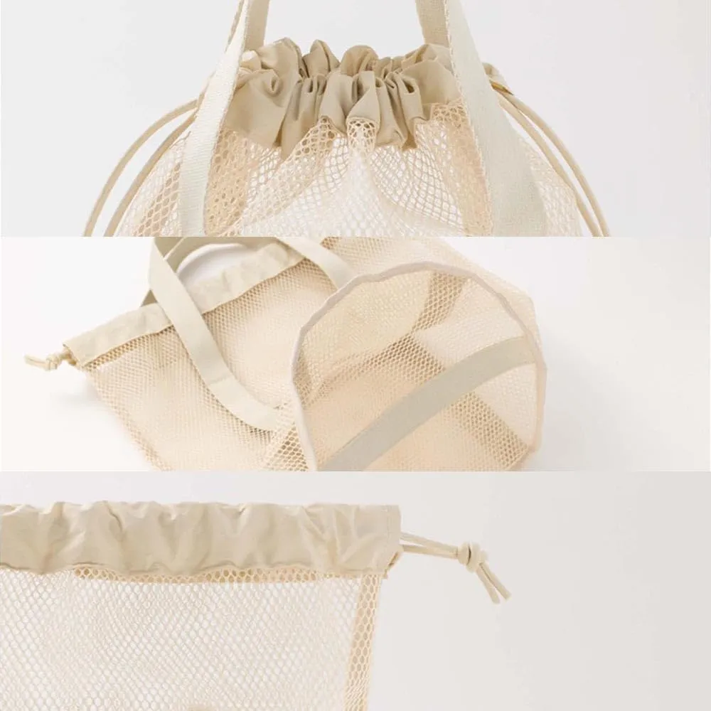 Travel storage mesh hollowed out tote bag with drawstring pockets and foldable ultra light beach wash bag