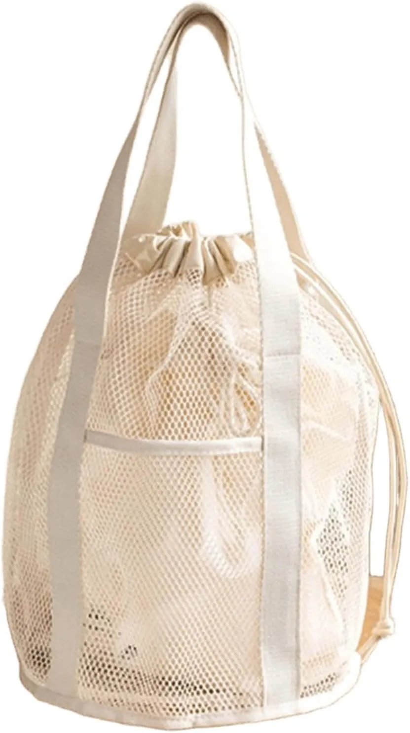 Travel storage mesh hollowed out tote bag with drawstring pockets and foldable ultra light beach wash bag