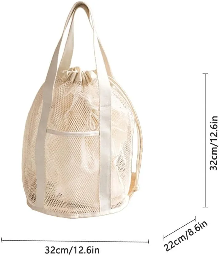 Travel storage mesh hollowed out tote bag with drawstring pockets and foldable ultra light beach wash bag