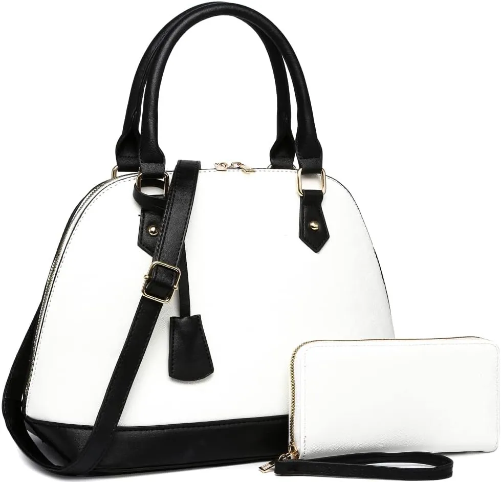 Trendeology Leopard Ostrich Animal Print Vegan Leather Dome Satchel Purse Handbag (1Large Plain Leather - White/Black)