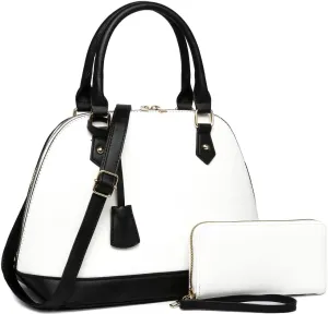 Trendeology Leopard Ostrich Animal Print Vegan Leather Dome Satchel Purse Handbag (1Large Plain Leather - White/Black)