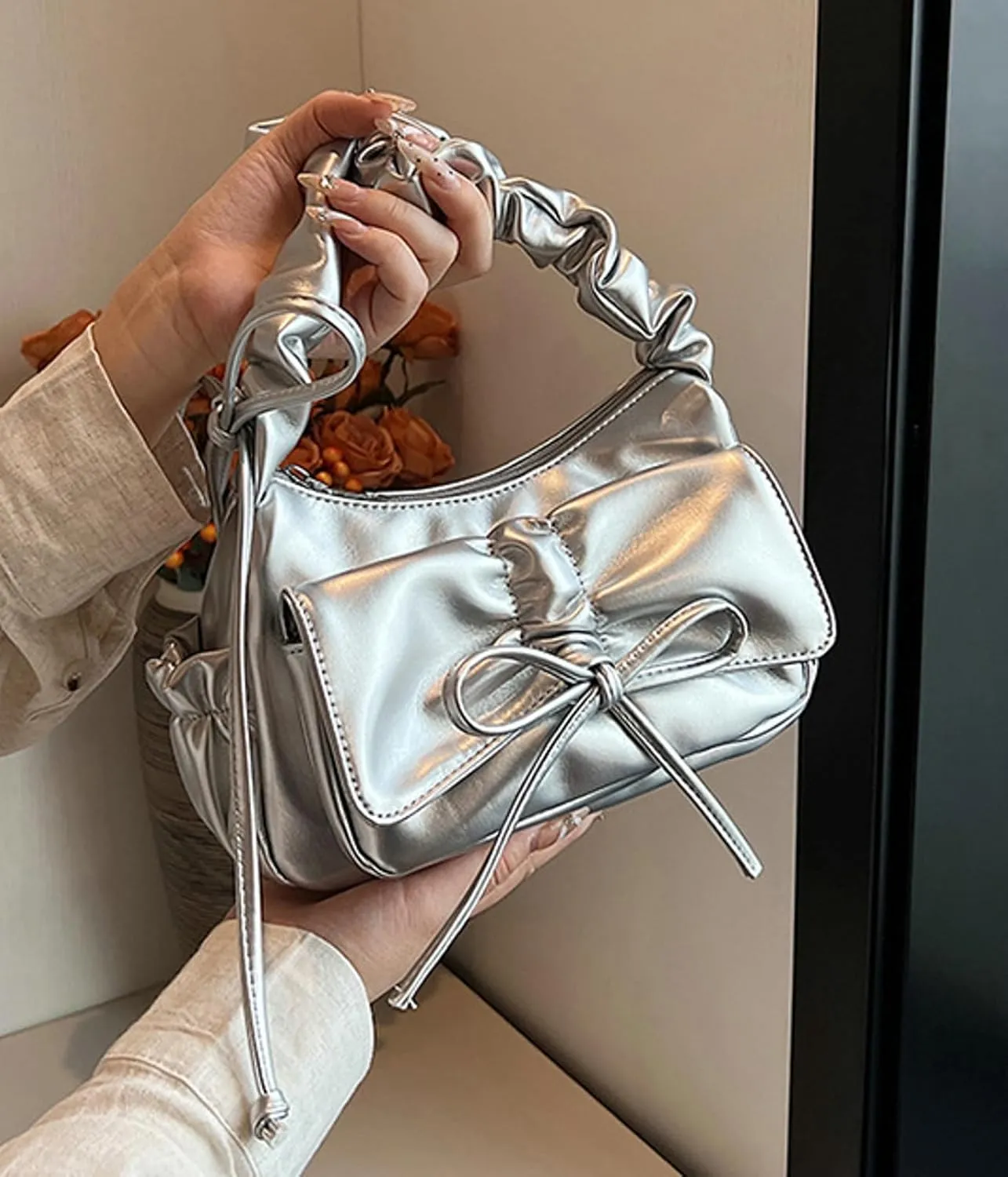 Trendy Folded Strap Crossbody Bag 2025 Bow Shoulder Tote Women Summer Commuter Handbag Drawstring Flap