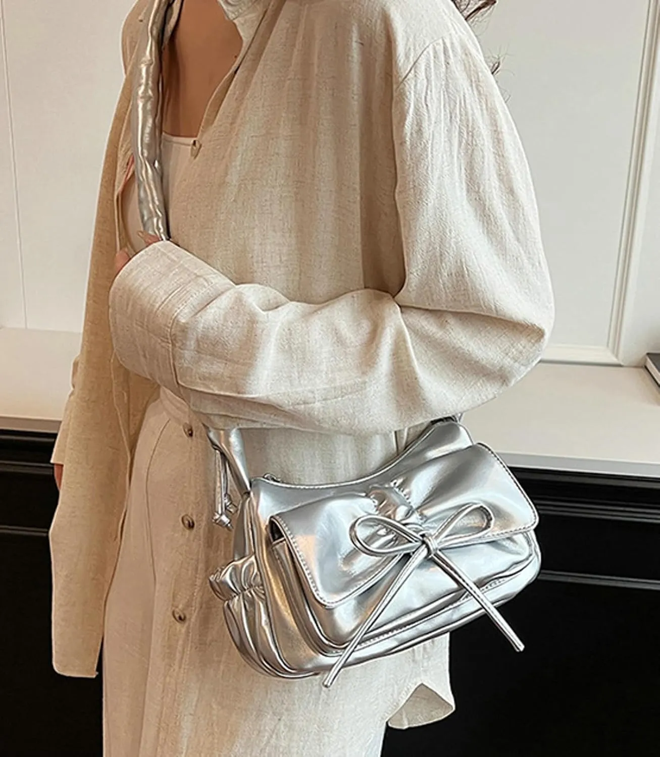 Trendy Folded Strap Crossbody Bag 2025 Bow Shoulder Tote Women Summer Commuter Handbag Drawstring Flap