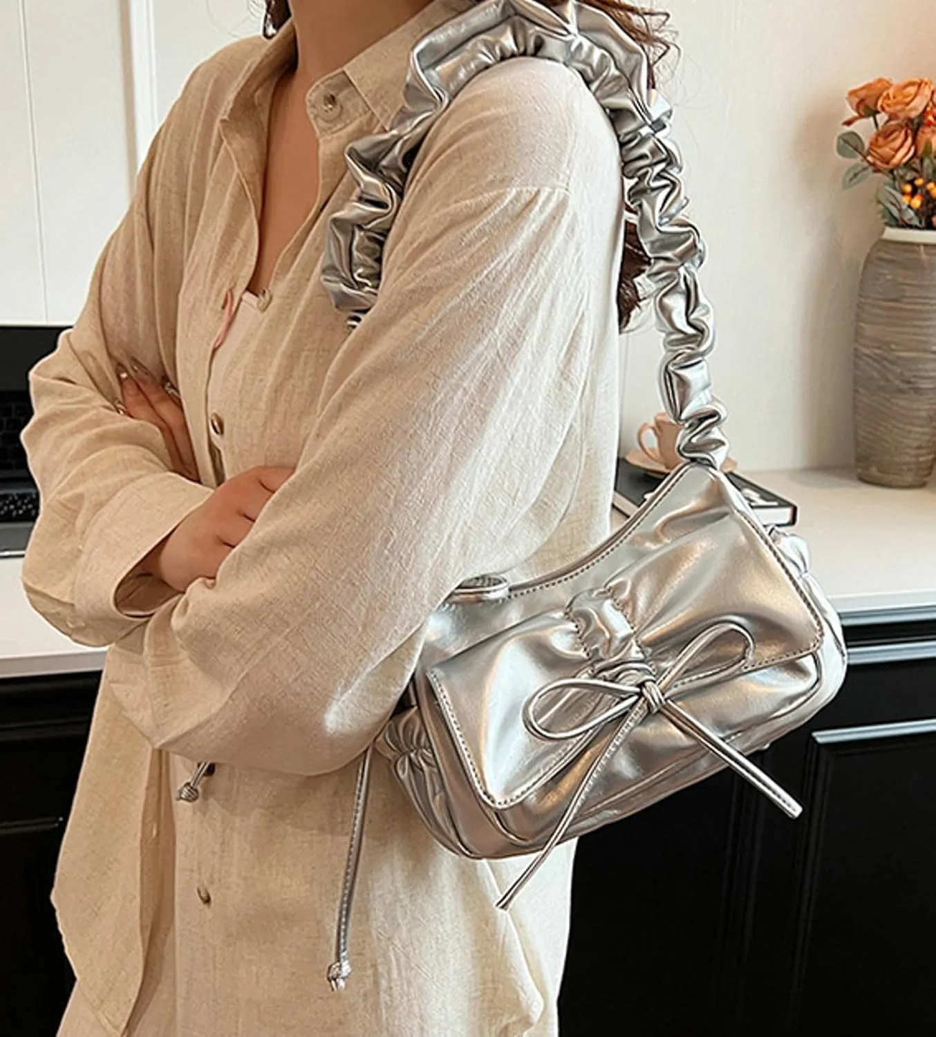 Trendy Folded Strap Crossbody Bag 2025 Bow Shoulder Tote Women Summer Commuter Handbag Drawstring Flap