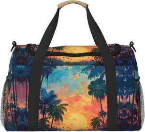 Tropical Sunset Print Travel Duffle Bag Large Capacity Tote Stylish Weekender Bag for Outdoor Activities