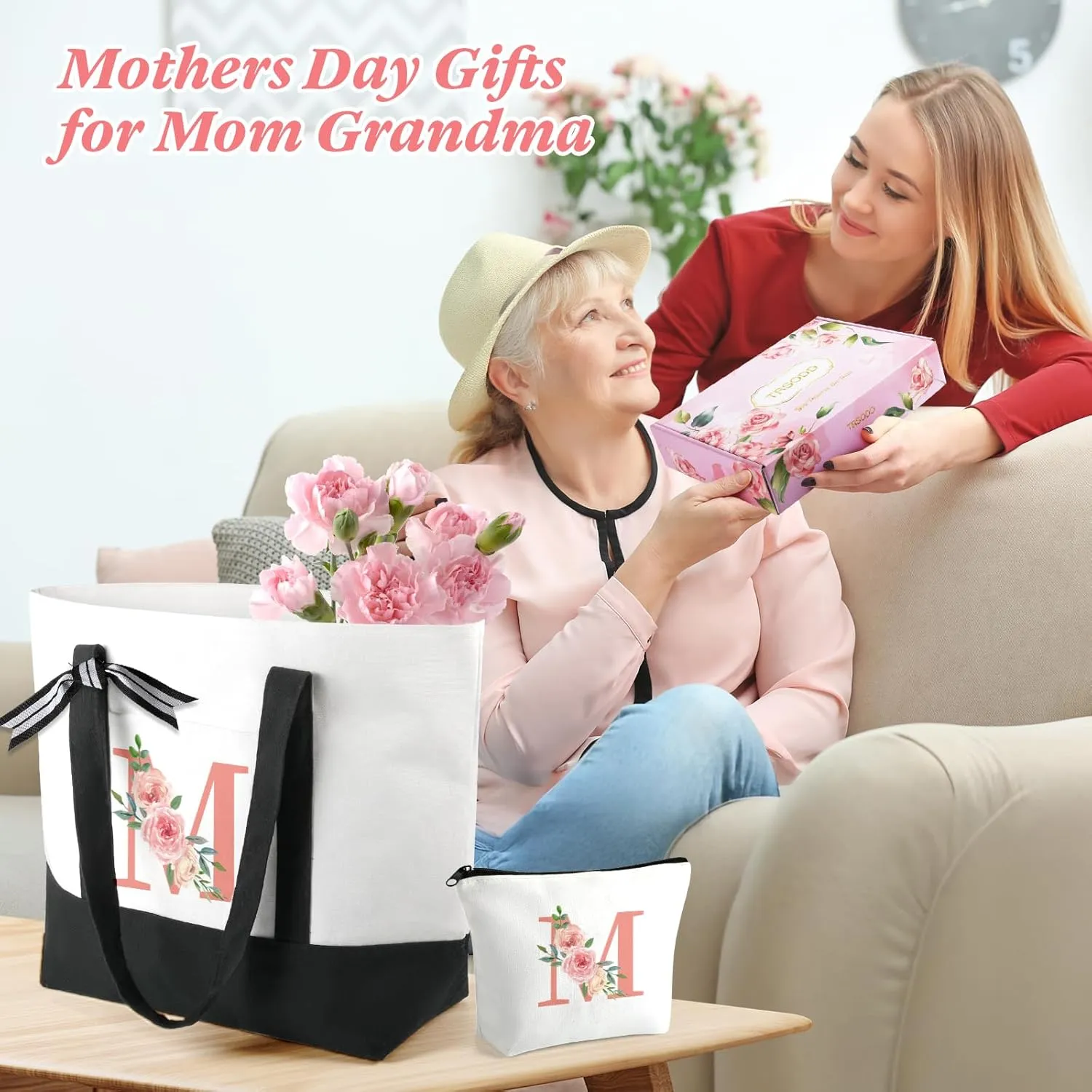 TRSODD Birthday Gifts for Women Mothers Day Gifts for Mom Wife Grandma Daughter Sister Teacher Friends Large Tote Bag and Makeup Bag U