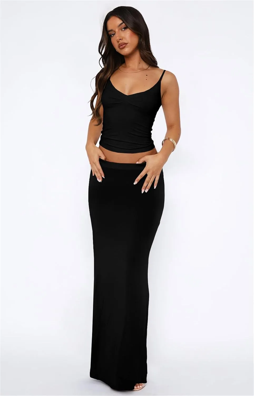 Two Piece Skirt Set for Women - Sexy 2 Pc Sleeveless Spaghetti Strap Pleated Tank Top Maxi Long Skirts Sets