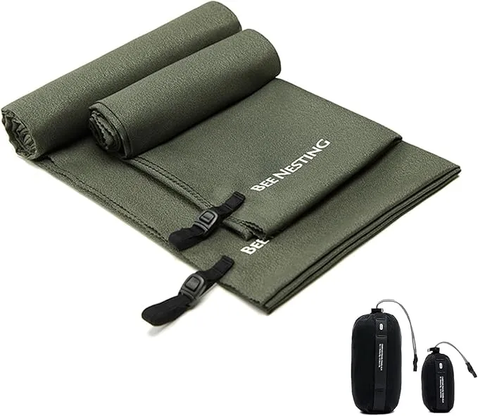 Ultralight Quick Dry Towel,Microfiber Towels with Compact Packable Pocket for Travel Towel Microfiber Beach Towels Camp Towel Gym Towel Swimming Towel(Olive drab, M&S 2 Set)