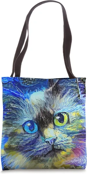 Unique Abstract Impressionist Blue & Green Eye Cat Tote Bag