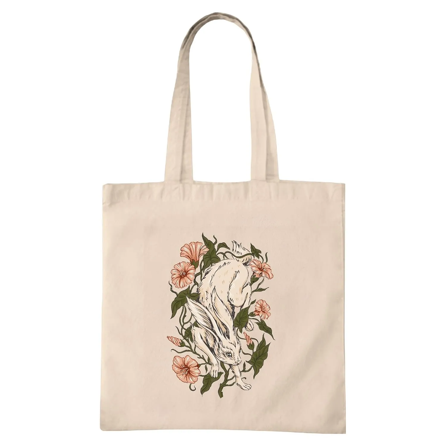 Unique Floral Gift Surrounded by Hare Design Natural White Multicolor Canvas Tote Bag