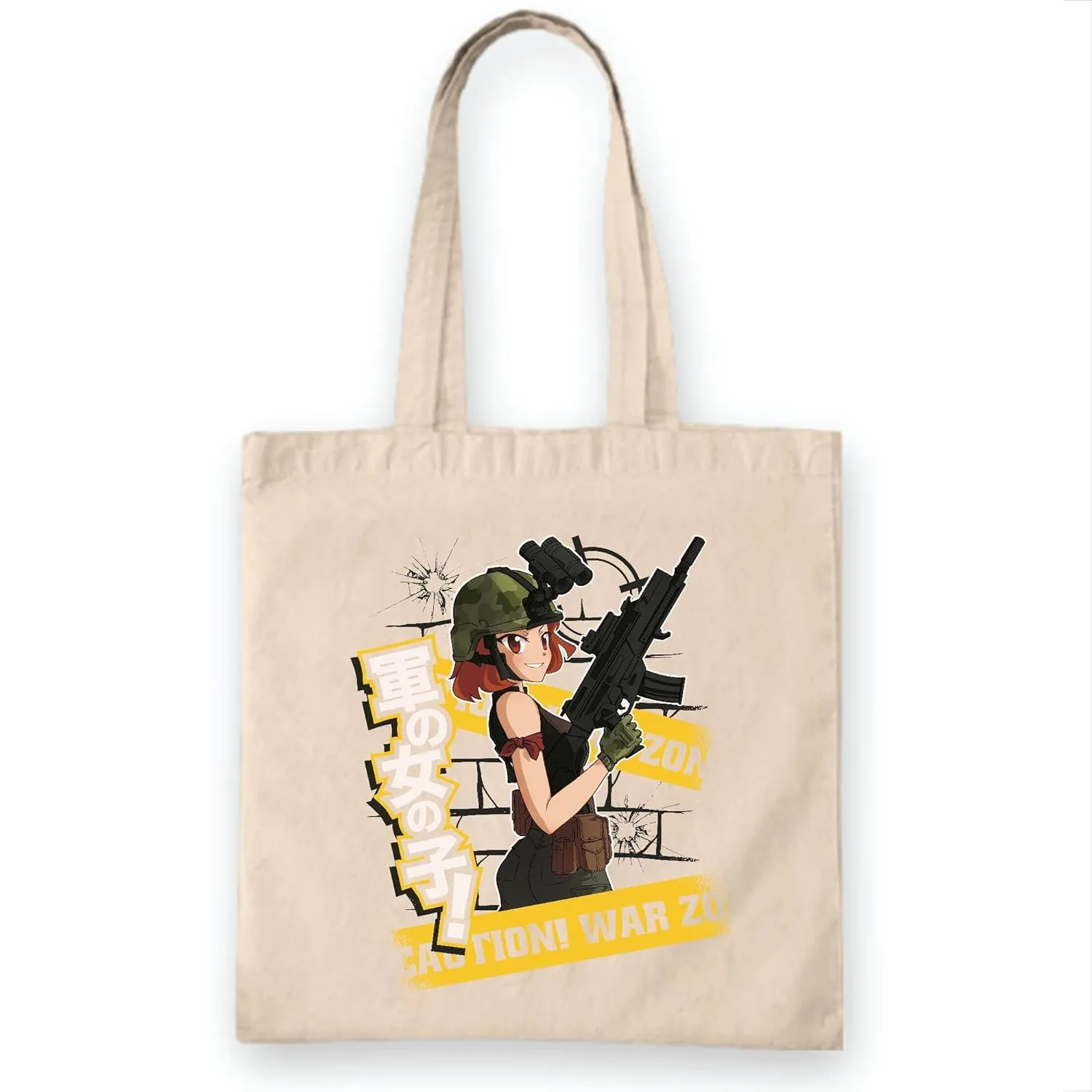 Unique Military Anime Girl Gun Gift Perfect War Quote For Admirers of the Anime Genre White Multicolor Canvas Tote Bag