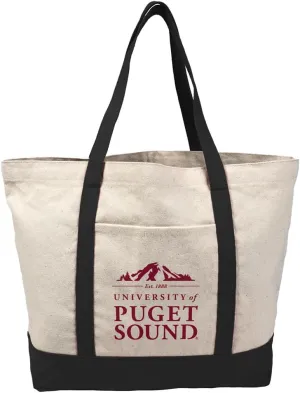 University of Puget Sound Institutional Logo Canvas Tote Bag With External Pocket, Reusable Shoulder Bag for Shopping, Beach, Black