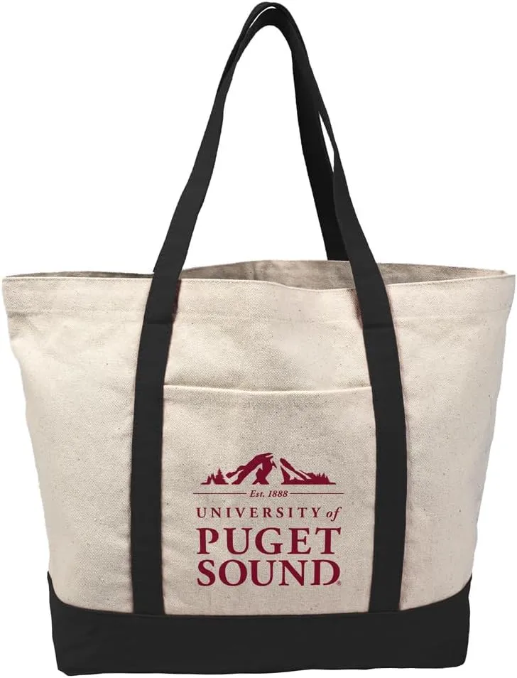 University of Puget Sound Institutional Logo Canvas Tote Bag With External Pocket, Reusable Shoulder Bag for Shopping, Beach, Black
