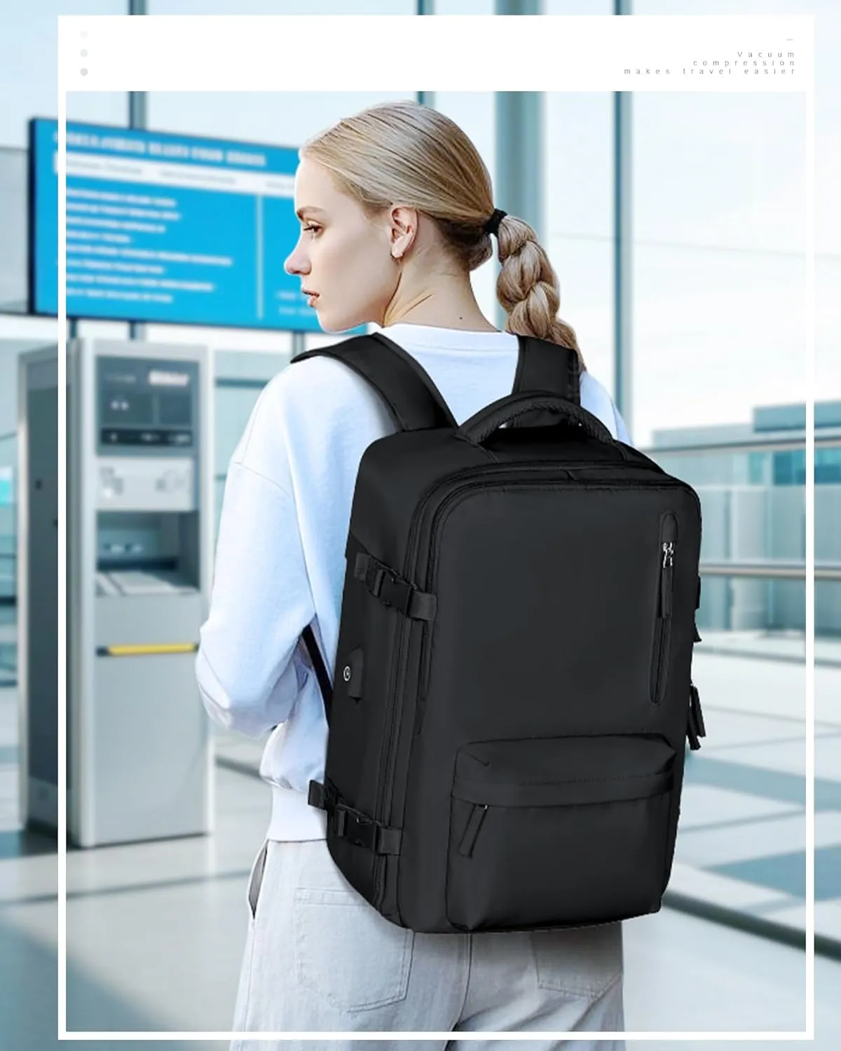 Vacuum Travel Backpack with Pump for Women,Airback Personal Item Carry on Backpacks Flight Approved 18x14x8 inches for Men,Laptop Waterproof Work Compression bags Casual Daypack,Black